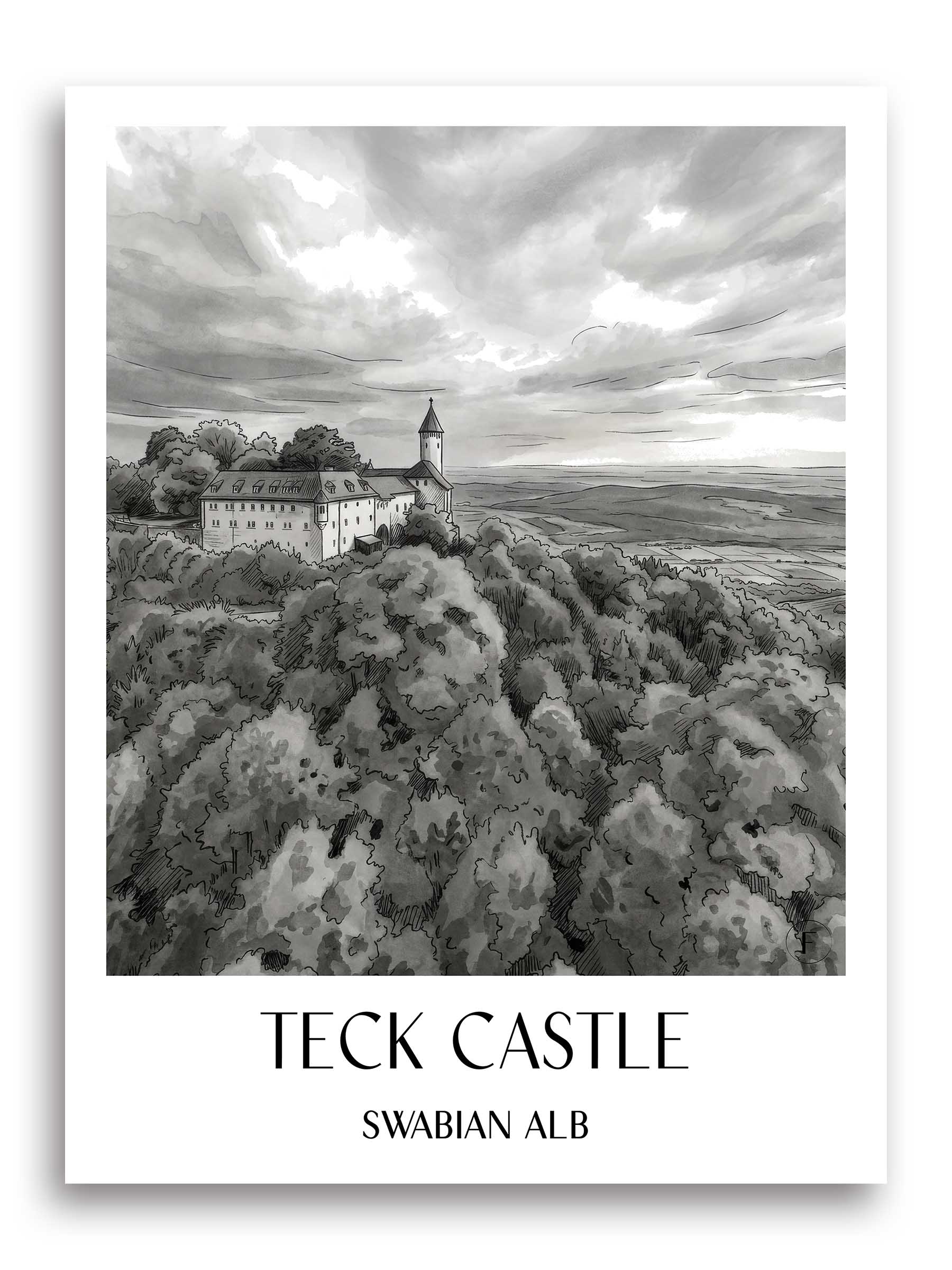 Burg Teck Poster - Schwäbische Alb - Deutschland Kunstdruck - Aquarell Schwarz-Weiß von A4 bis A1
