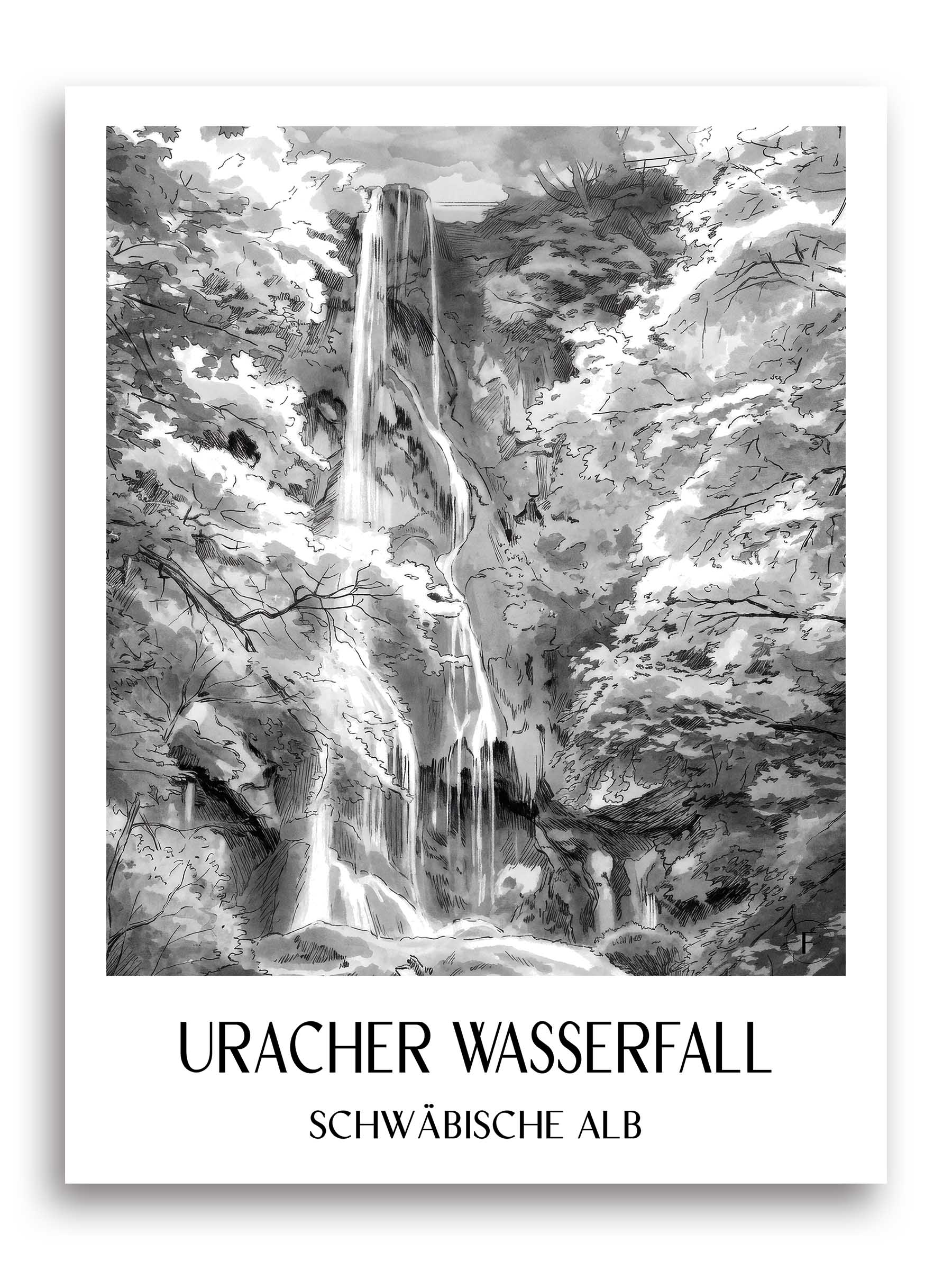 uracher-wasserfall-schwäbische-alb-deutschland-poster-aquarell-schwarz-weiss
