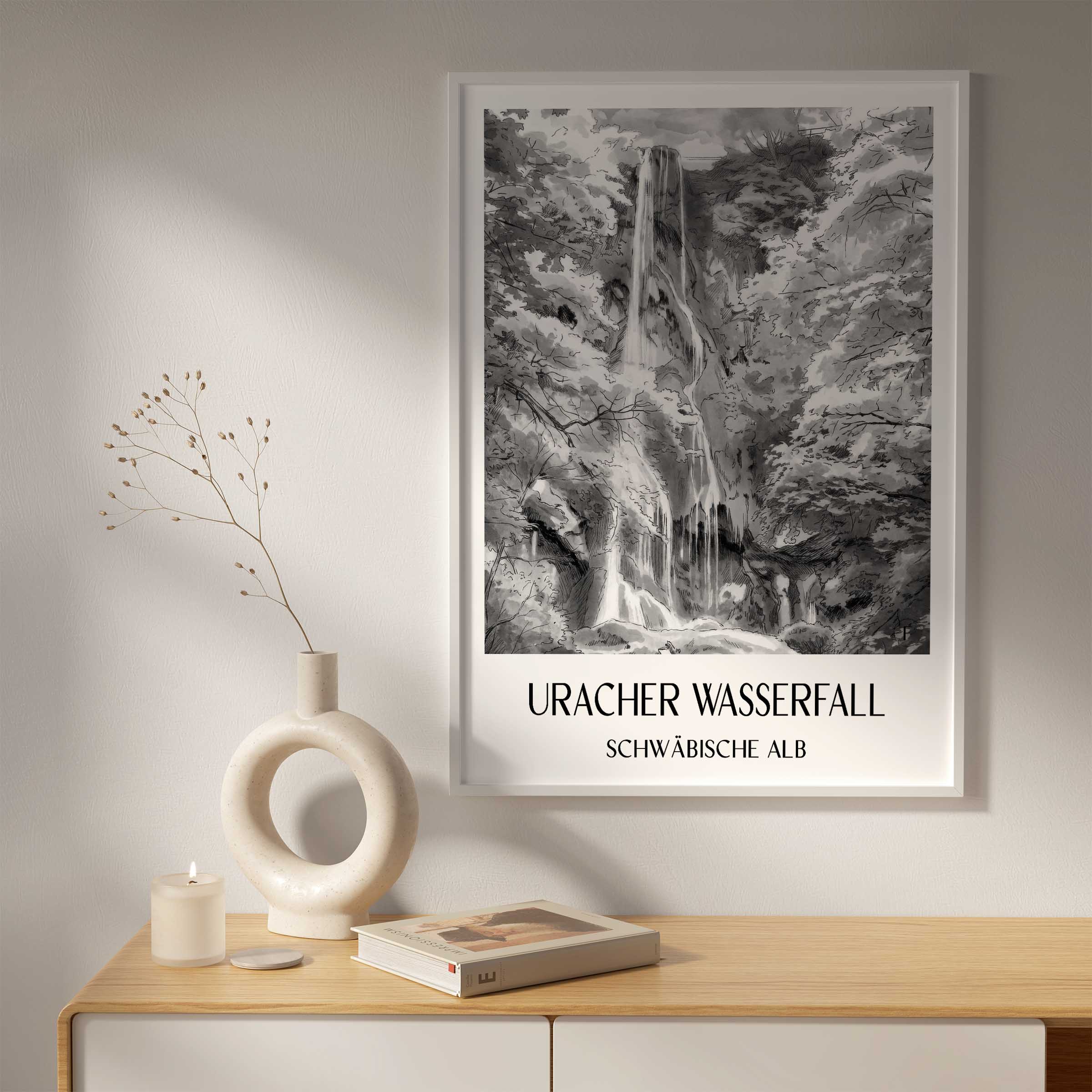 uracher-wasserfall-schwäbische-alb-deutschland-poster-aquarell-schwarz-weiss