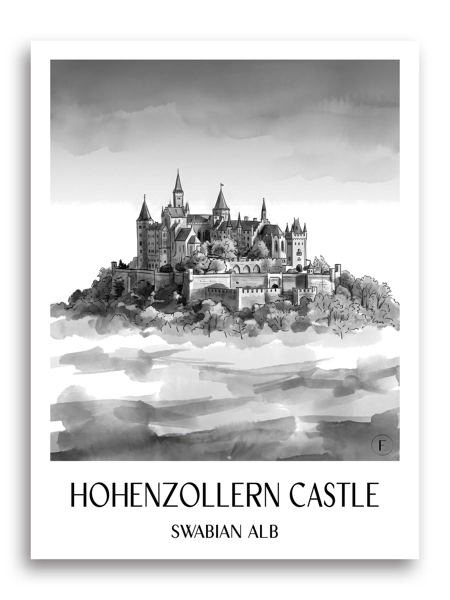 Burg Hohenzollern Poster - Schwäbische Alb - Deutschland Kunstdruck - Aquarell Schwarz-Weiß von A4 bis A1