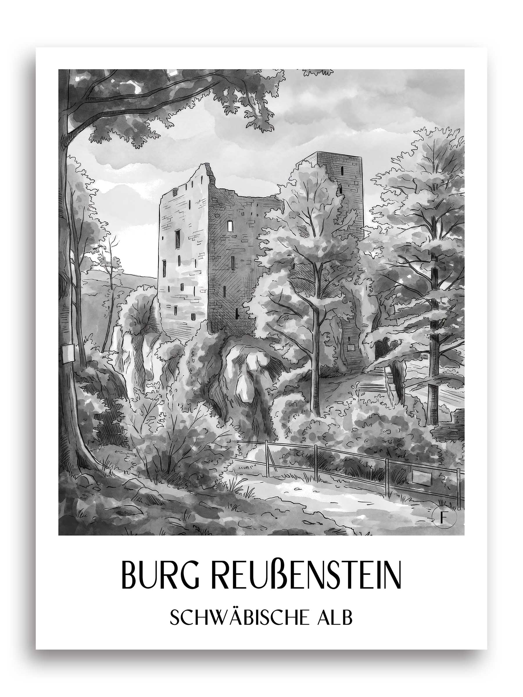 burg-reußenstein-schwäbische-alb-deutschland-poster-aquarell-schwarz-weiss
