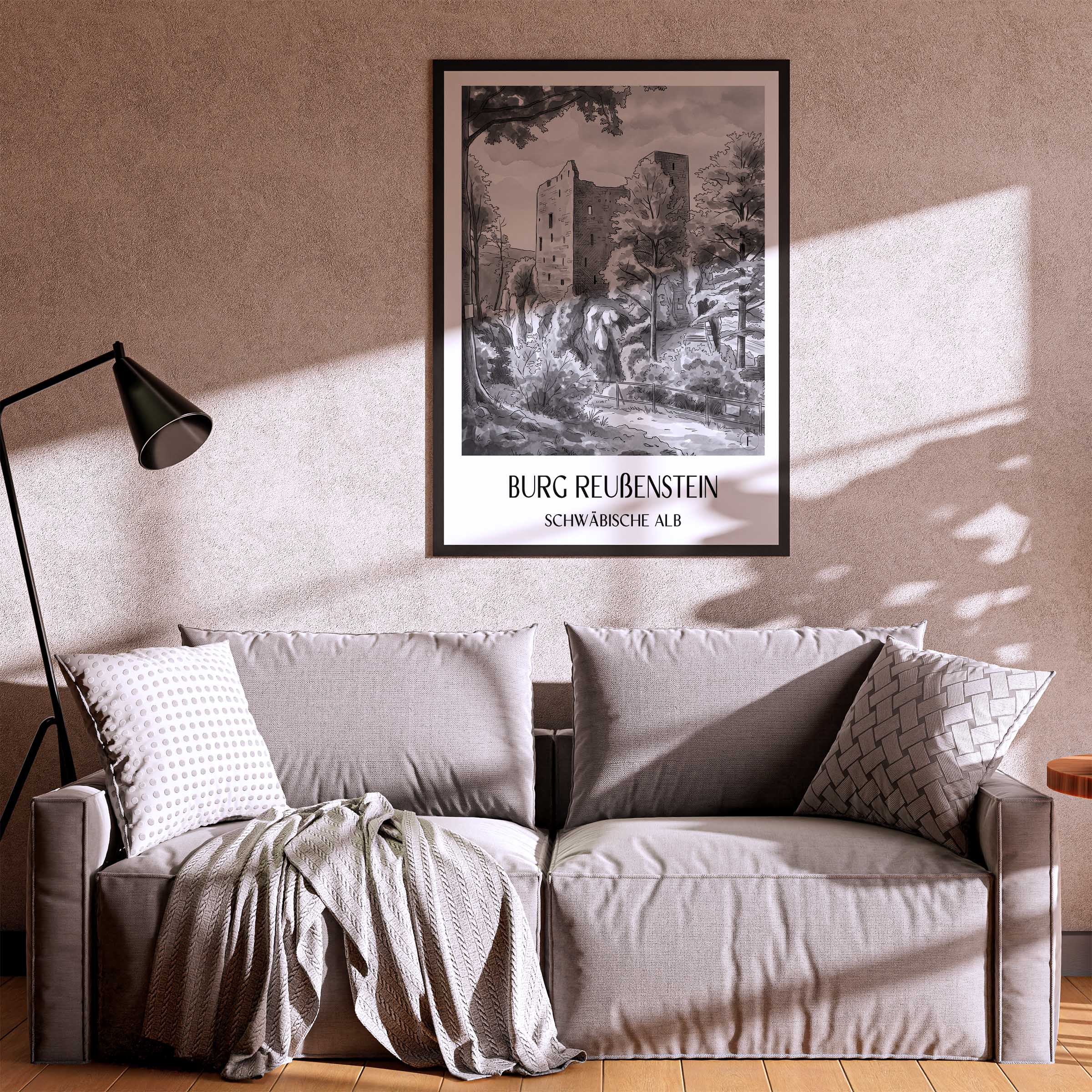 burg-reußenstein-schwäbische-alb-deutschland-poster-aquarell-schwarz-weiss