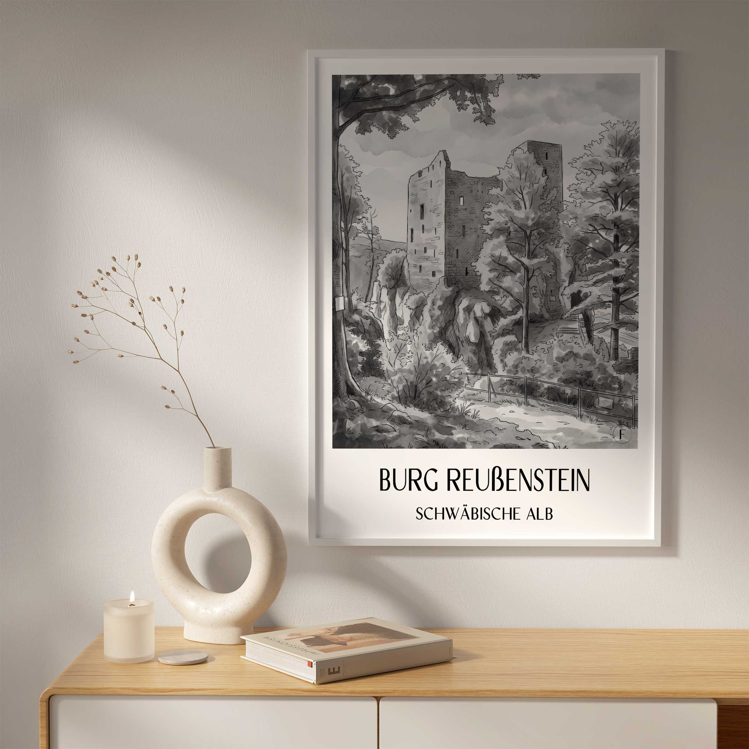 burg-reußenstein-schwäbische-alb-deutschland-poster-aquarell-schwarz-weiss