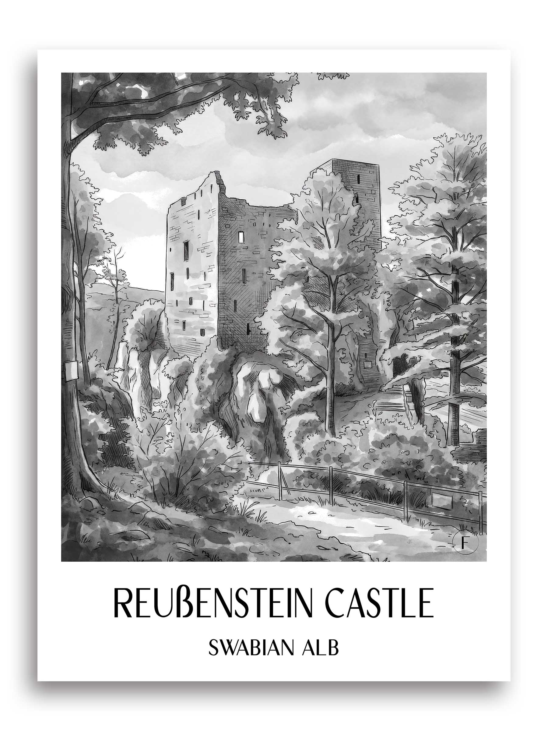 Burg Reußenstein Poster - Schwäbische Alb - Deutschland Kunstdruck - Aquarell Schwarz-Weiß von A4 bis A1