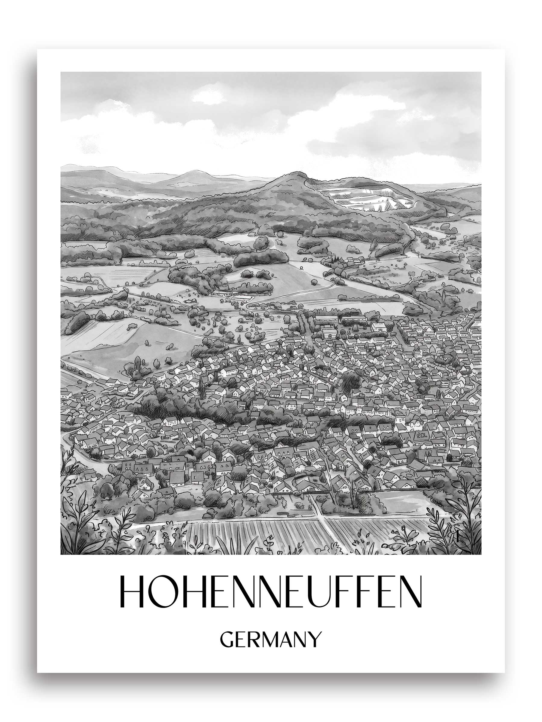 Hohenneuffen Poster - - Deutschland Kunstdruck - Aquarell Schwarz-Weiß von A4 bis A1