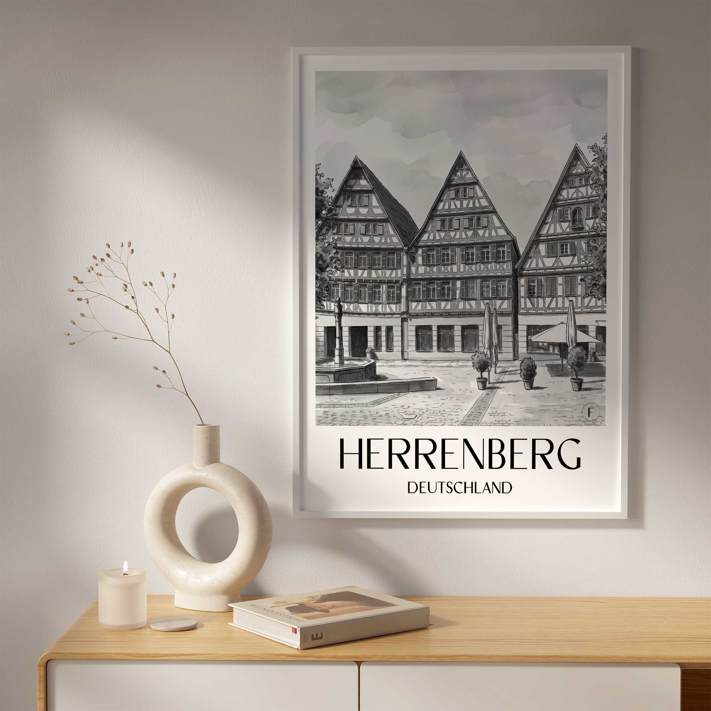 herrenberg-deutschland-poster-aquarell-schwarz-weiss