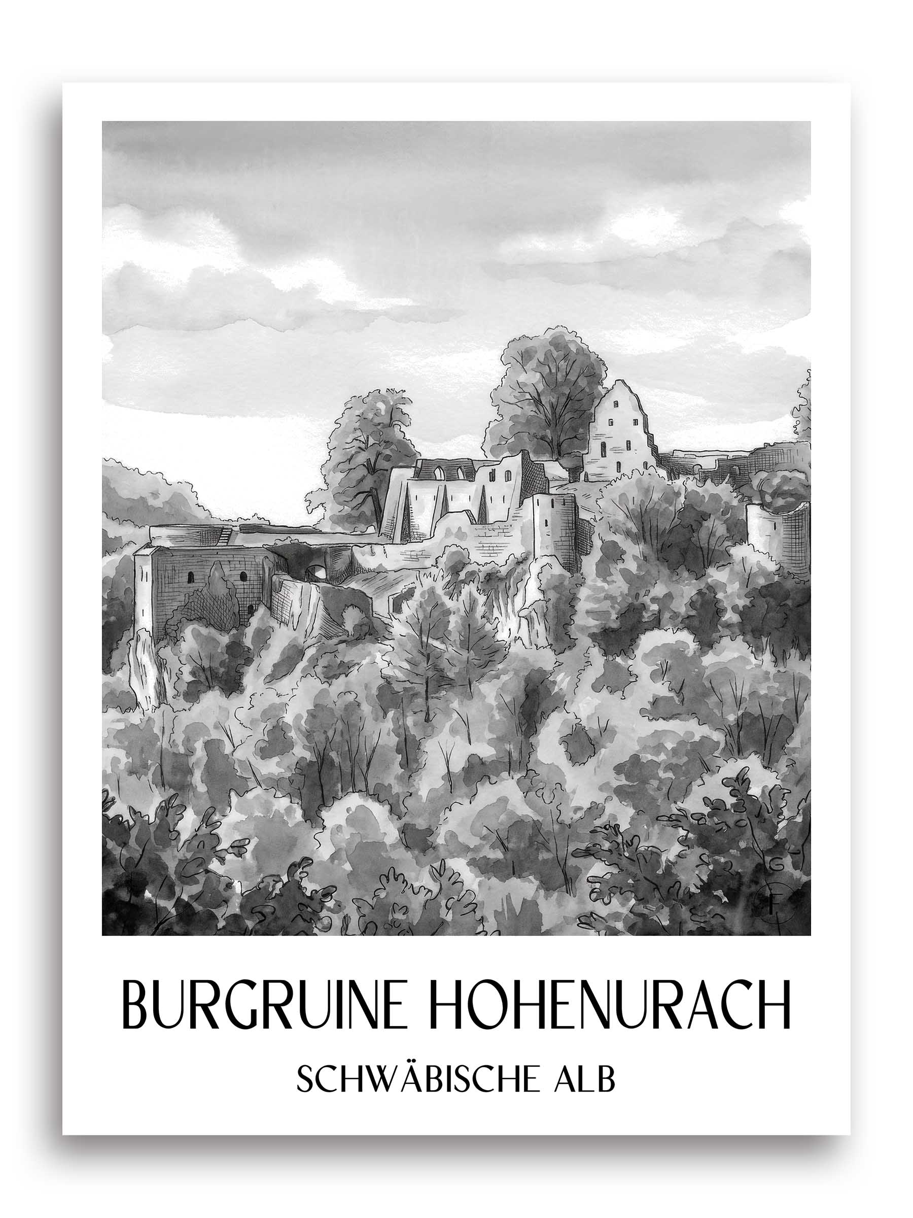 burgruine-hohenurach-schwäbische-alb-deutschland-poster-aquarell-schwarz-weiss