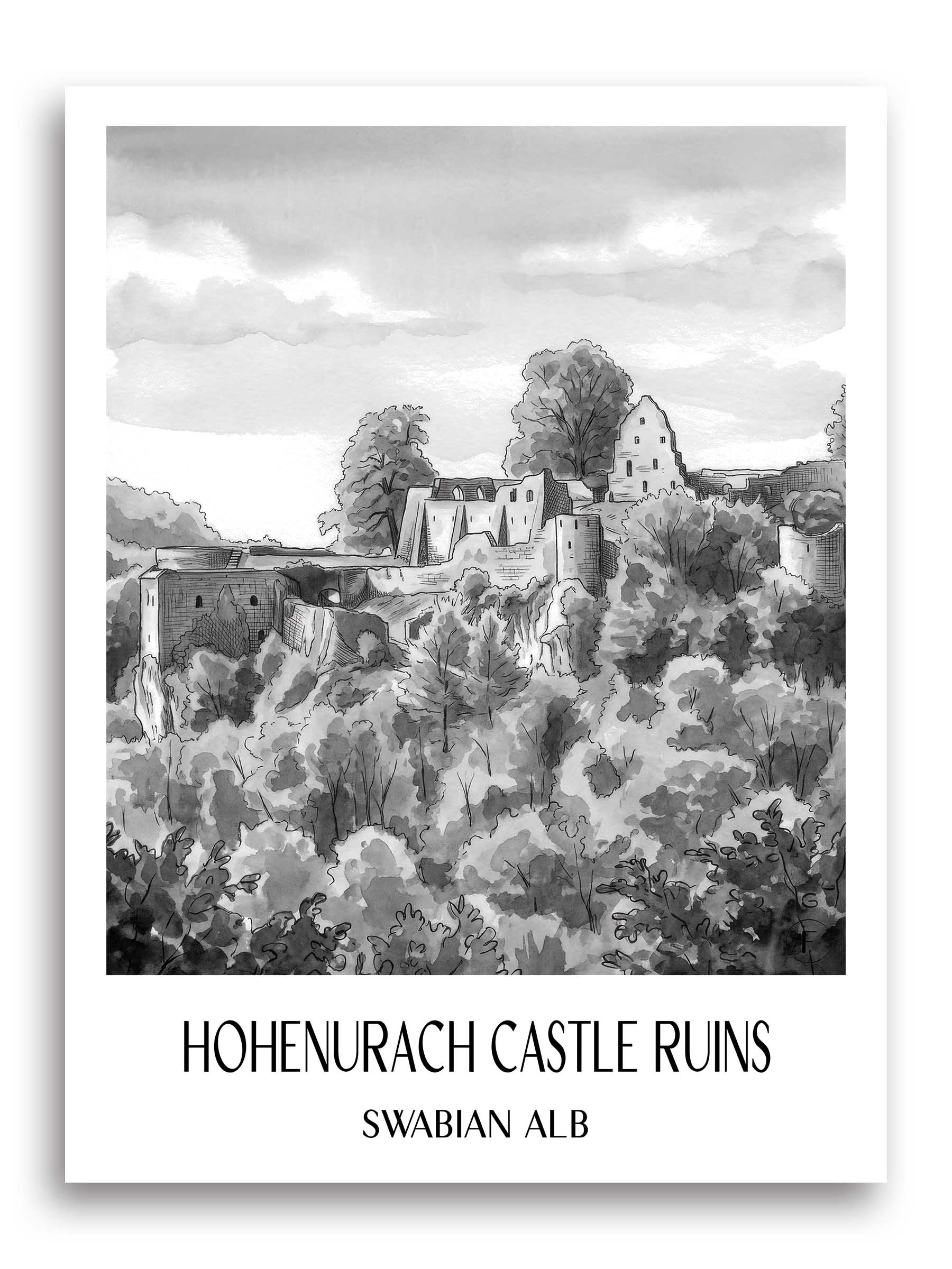 Burgruine Hohenurach Poster - Schwäbische Alb - Deutschland Kunstdruck - Aquarell Schwarz-Weiß von A4 bis A1