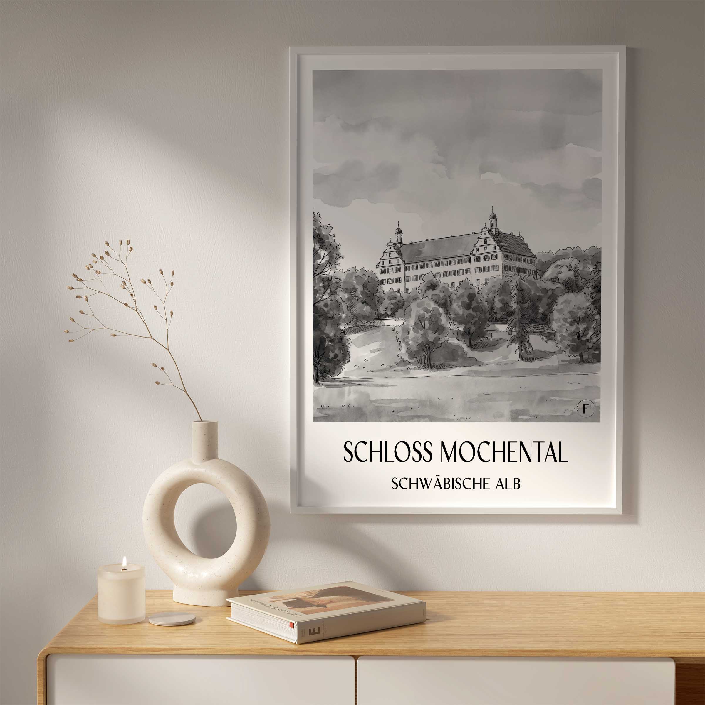 schloss-mochental-schwäbische-alb-deutschland-poster-aquarell-schwarz-weiss
