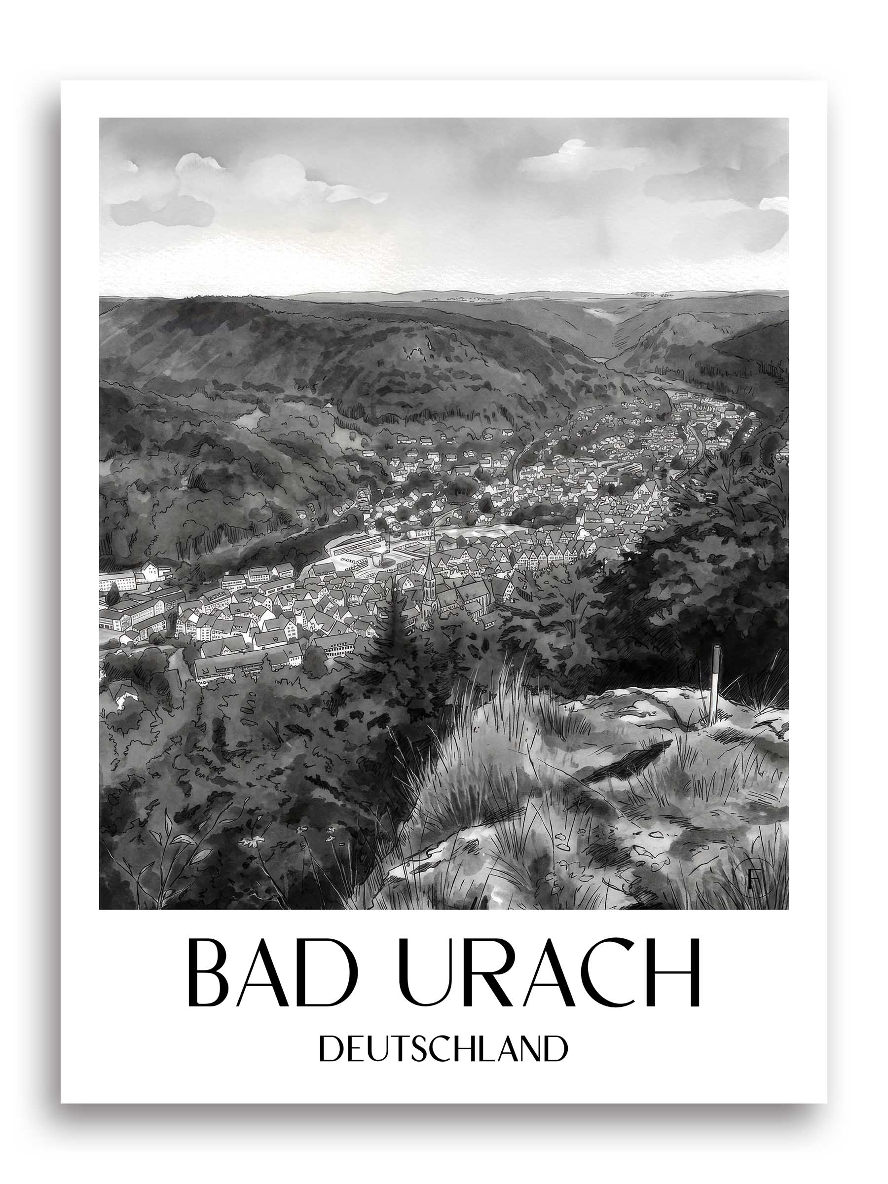 bad-urach-deutschland-poster-aquarell-schwarz-weiss