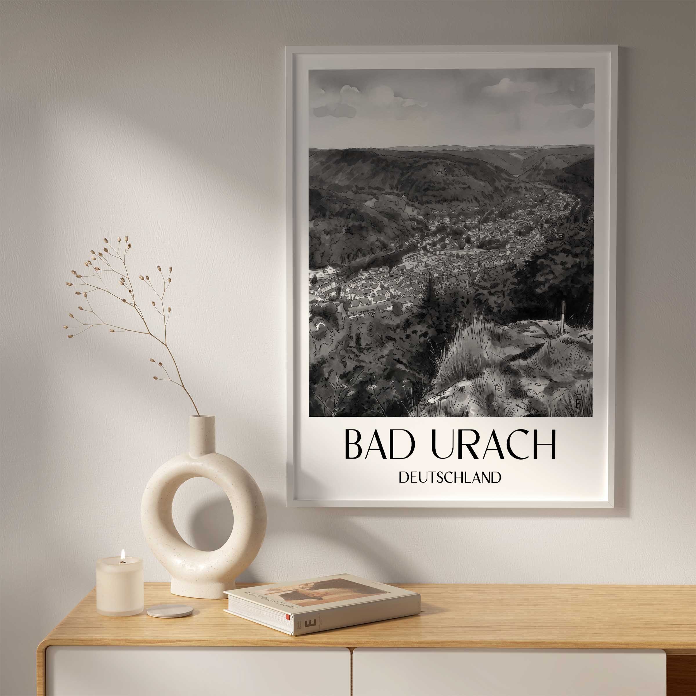 bad-urach-deutschland-poster-aquarell-schwarz-weiss