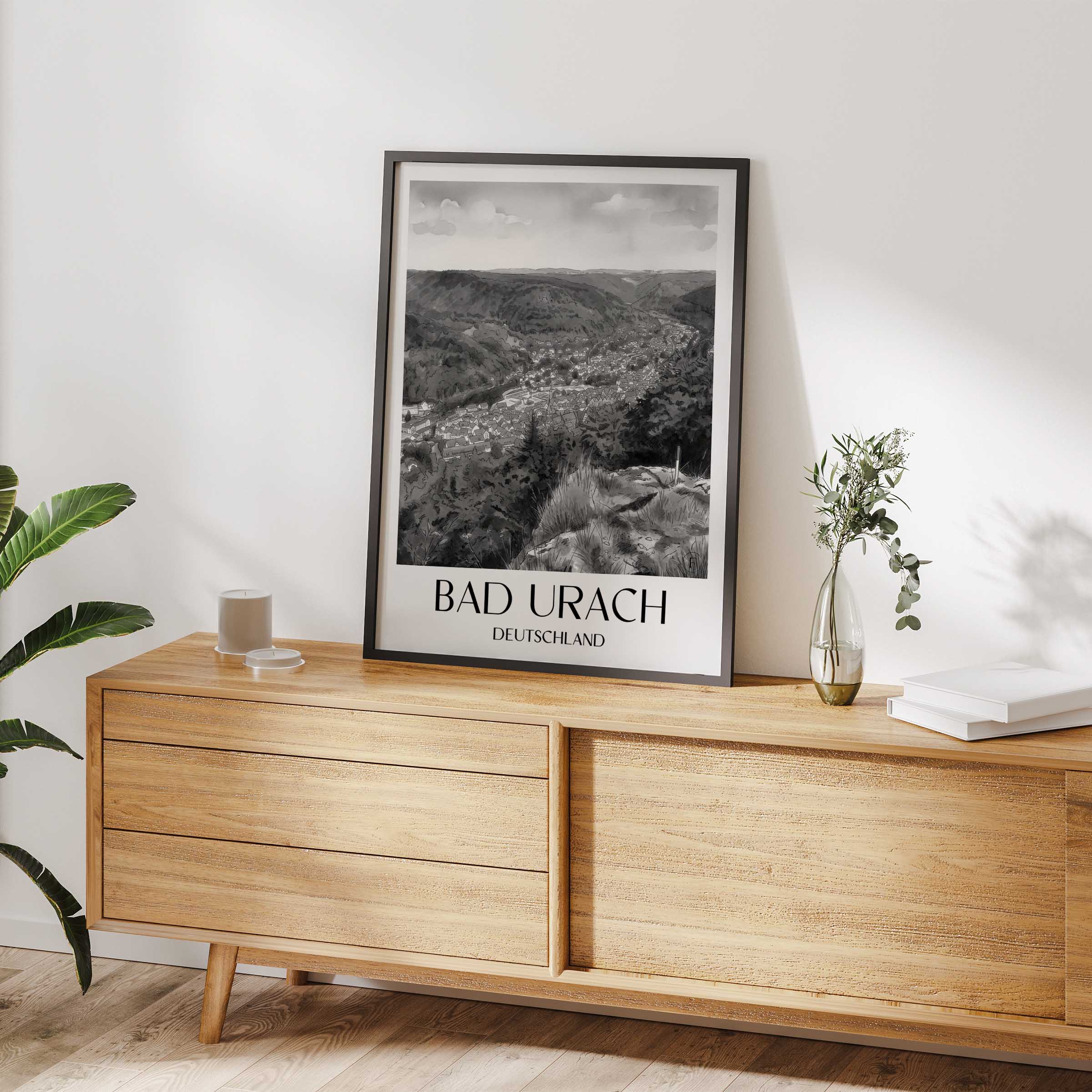 bad-urach-deutschland-poster-aquarell-schwarz-weiss