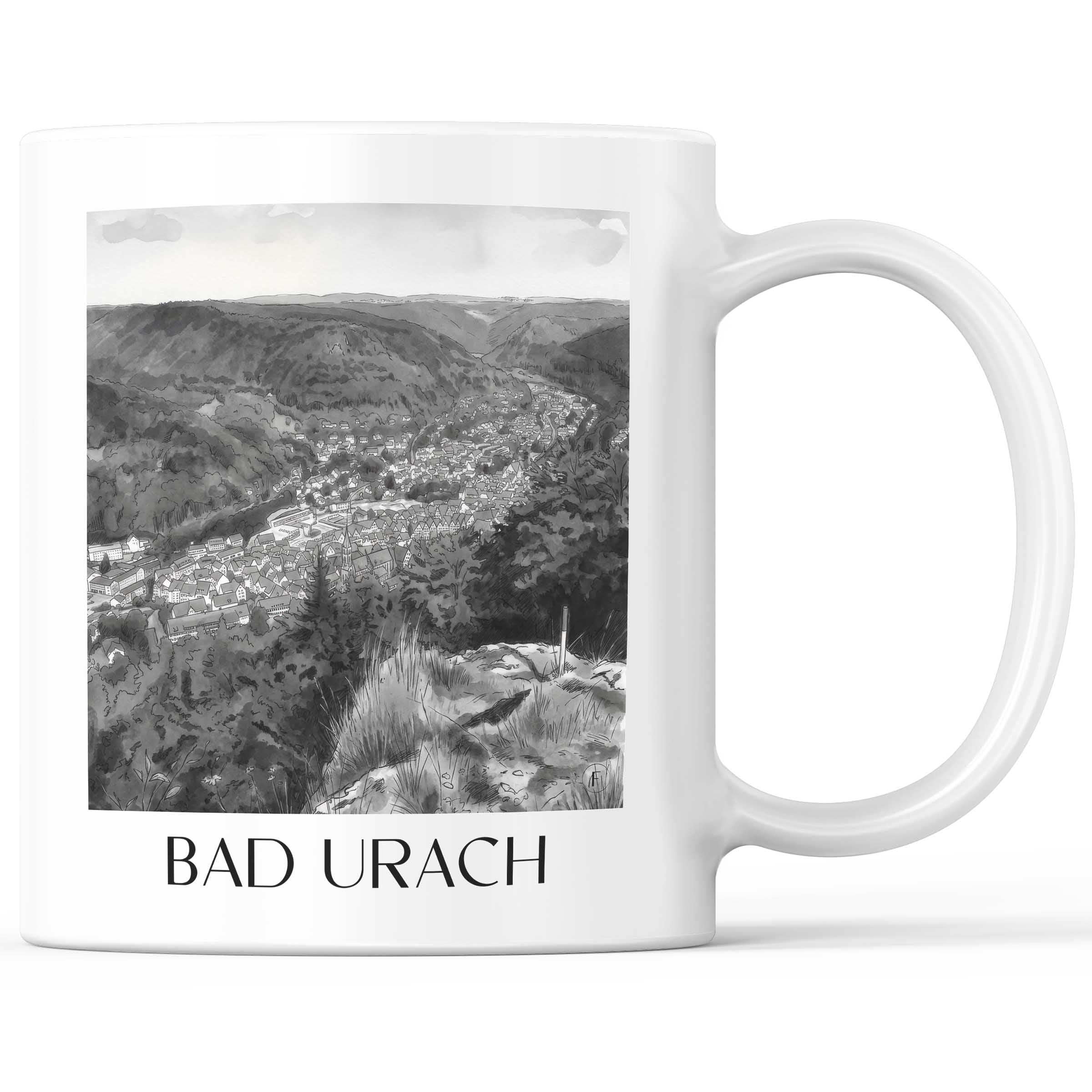 Bad Urach - Deutschland Becher - Kaffeetasse im Aquarell Schwarz-Weiß Stil