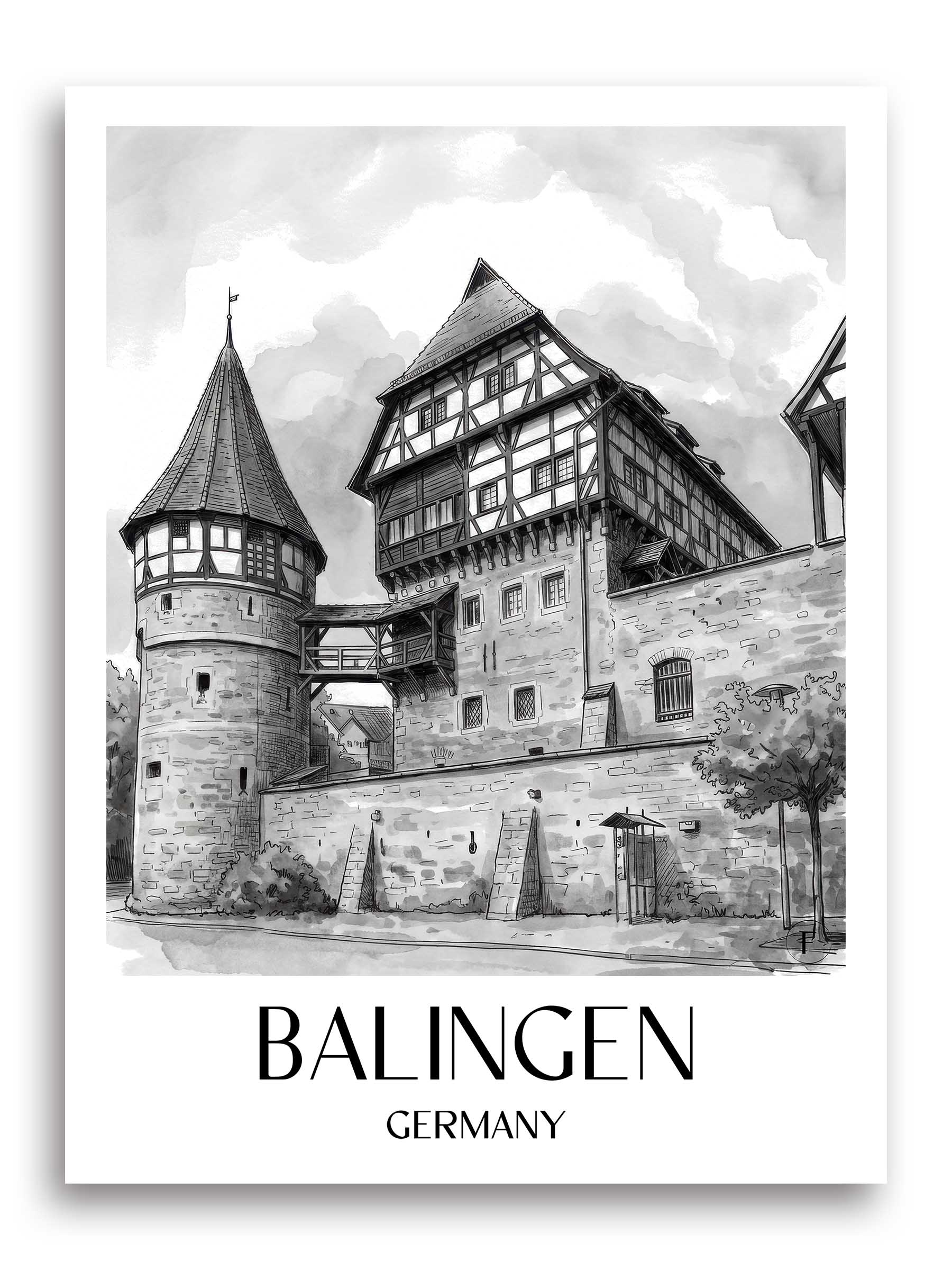 Balingen Poster - - Deutschland Kunstdruck - Aquarell Schwarz-Weiß von A4 bis A1