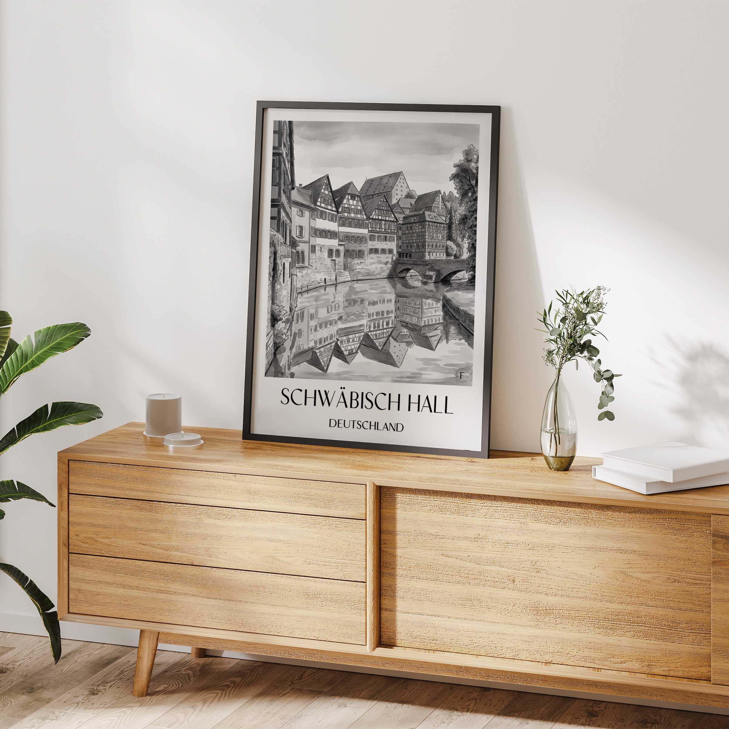 schwäbisch-hall-deutschland-poster-aquarell-schwarz-weiss
