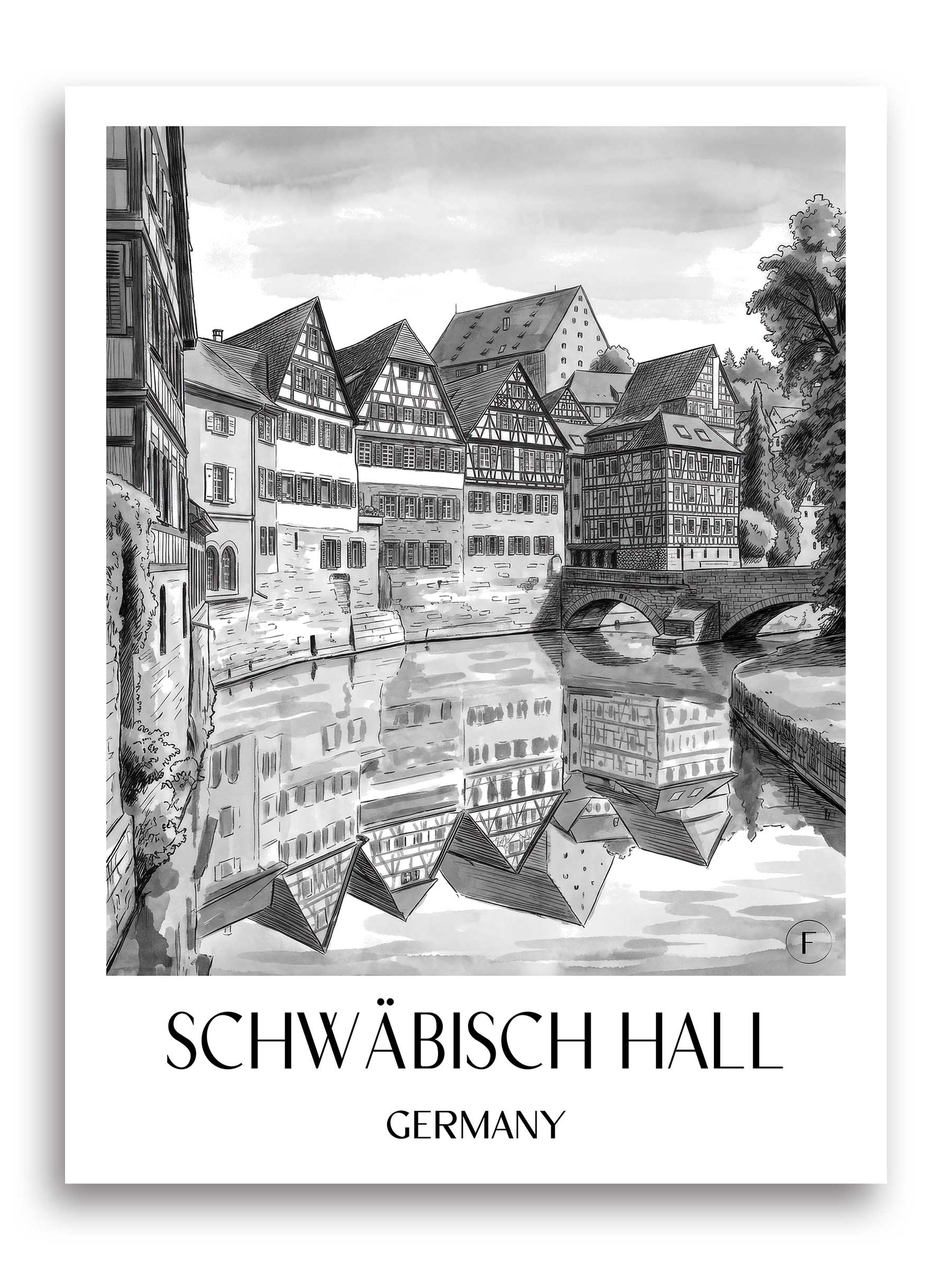 Schwäbisch Hall Poster - - Deutschland Kunstdruck - Aquarell Schwarz-Weiß von A4 bis A1