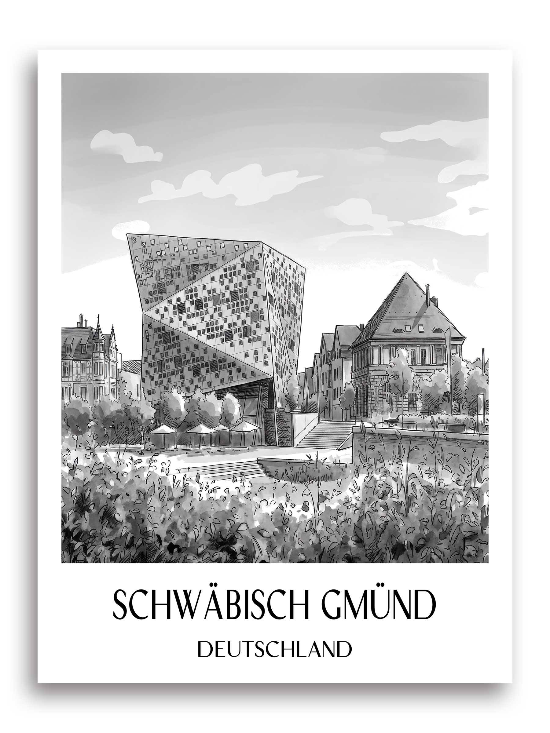 schwäbisch-gmünd-deutschland-poster-aquarell-schwarz-weiss