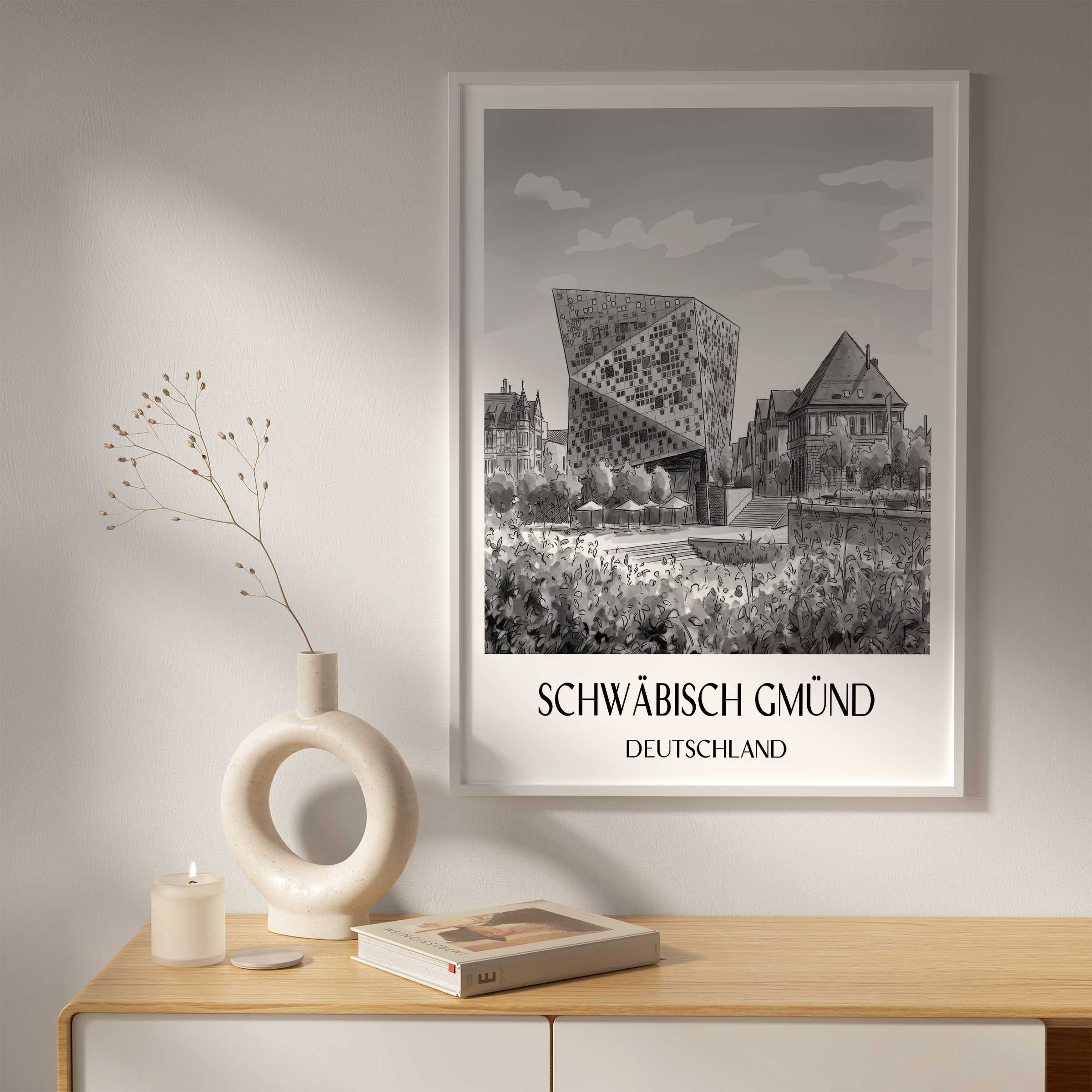 schwäbisch-gmünd-deutschland-poster-aquarell-schwarz-weiss