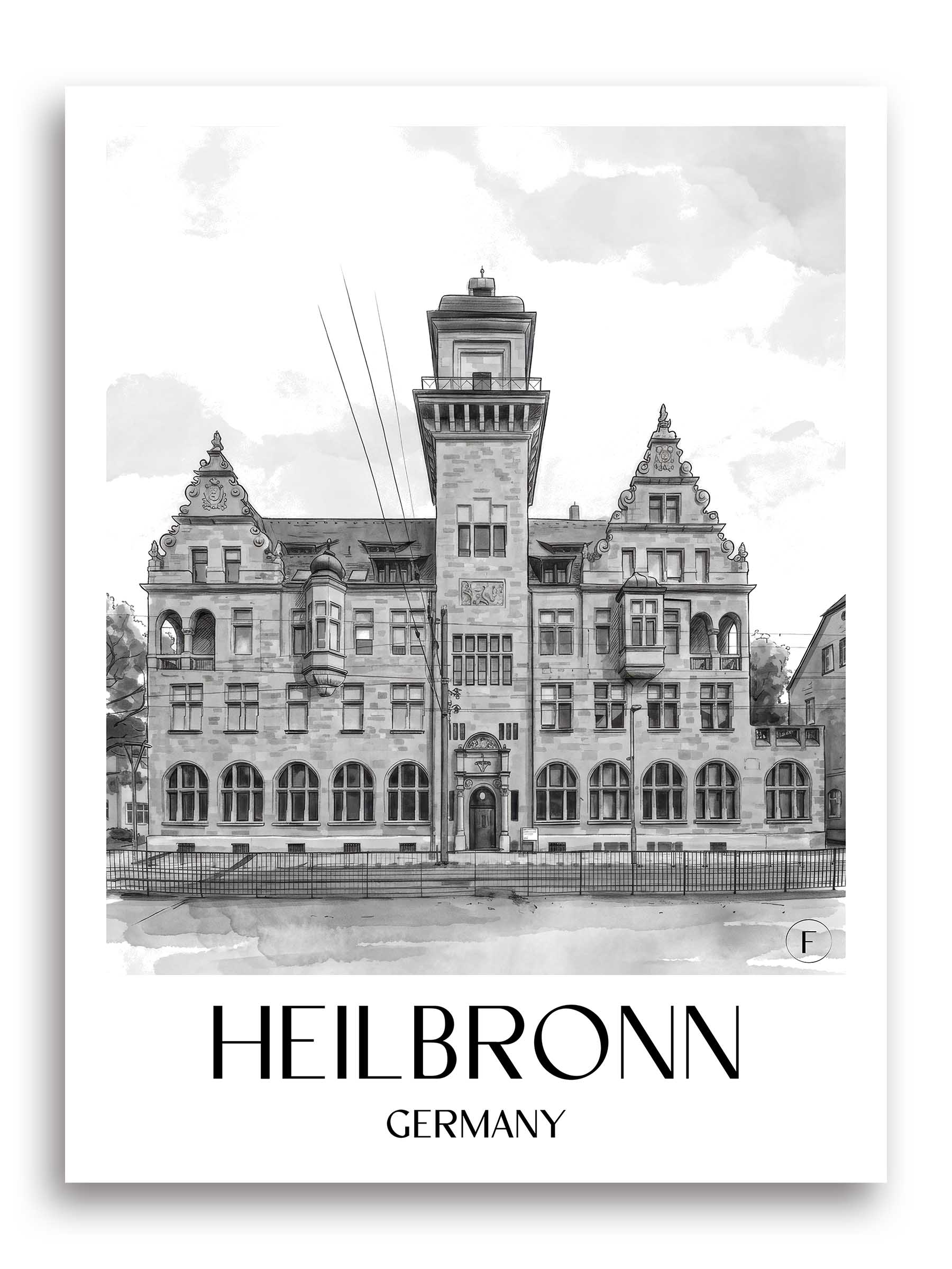 Heilbronn Poster - - Deutschland Kunstdruck - Aquarell Schwarz-Weiß von A4 bis A1