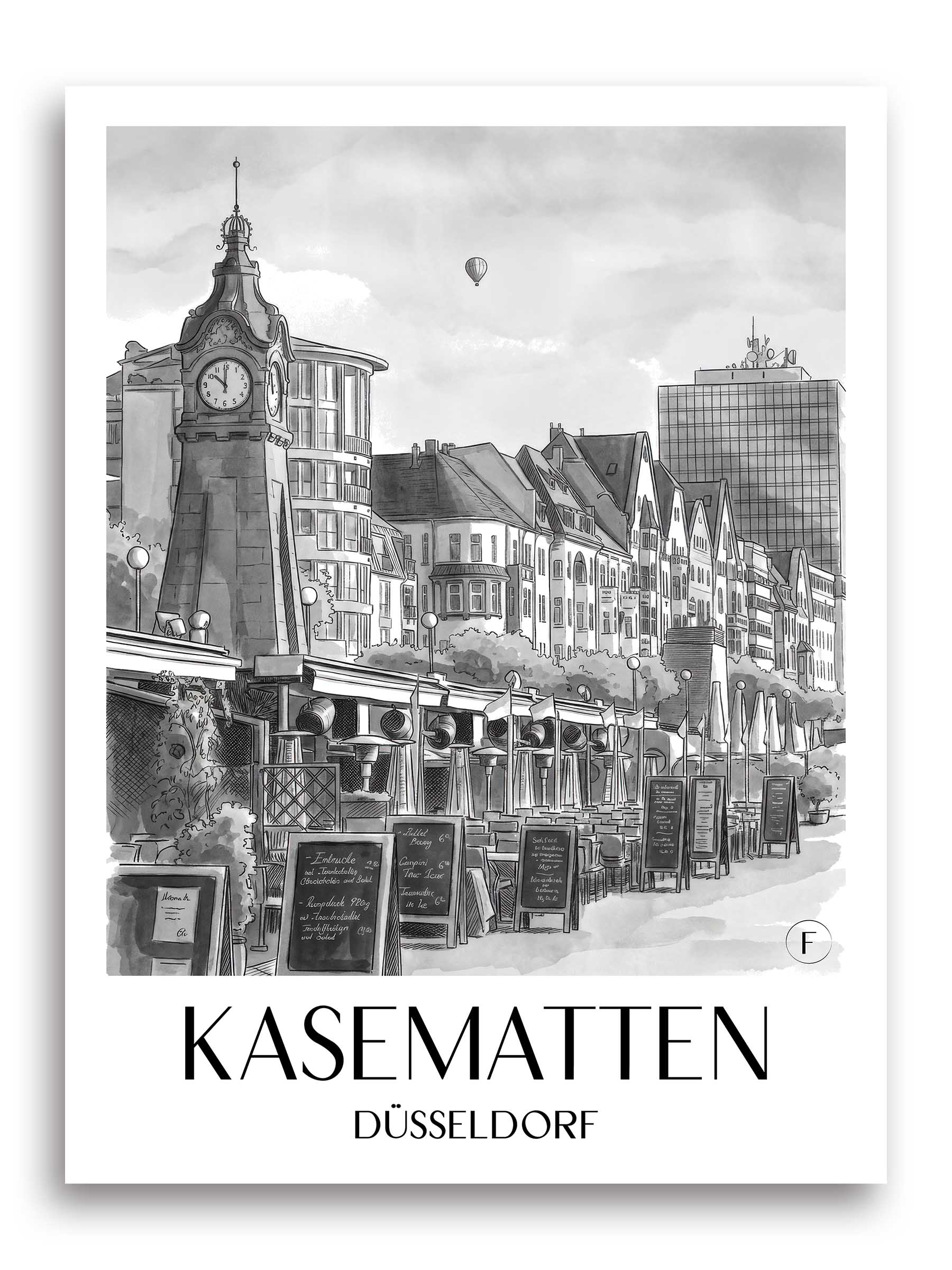 Kasematten Poster - Düsseldorf - Deutschland Kunstdruck - Aquarell Schwarz-Weiß von A4 bis A1