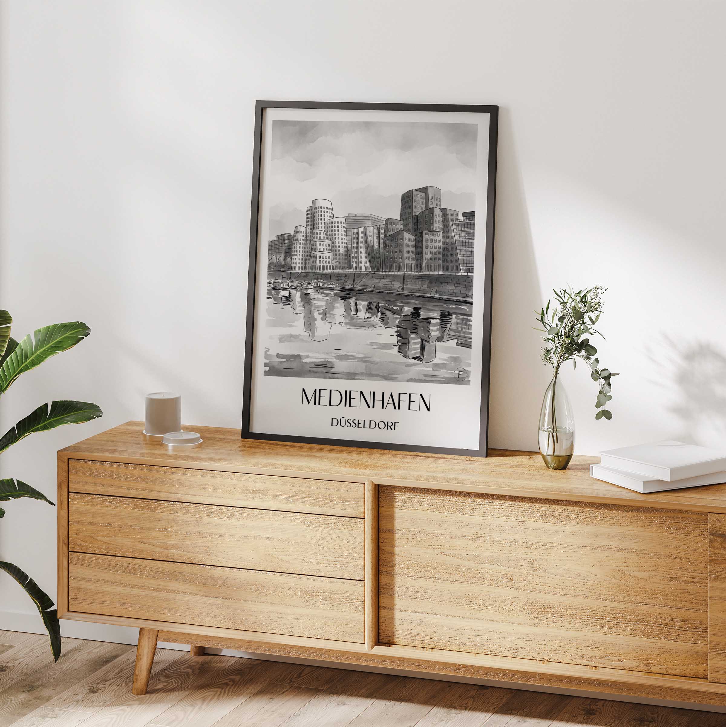 medienhafen-düsseldorf-deutschland-poster-aquarell-schwarz-weiss