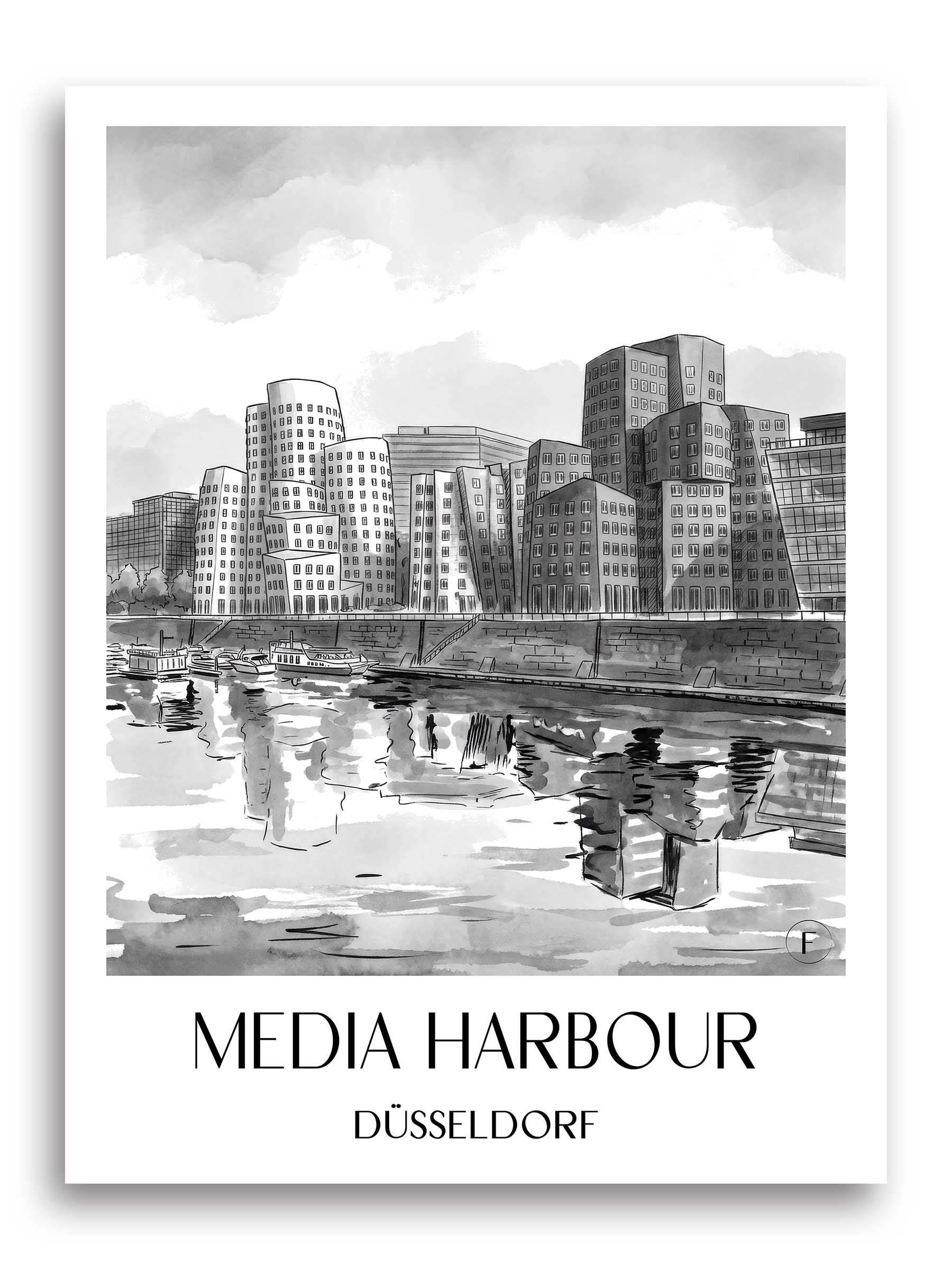 Medienhafen Poster - Düsseldorf - Deutschland Kunstdruck - Aquarell Schwarz-Weiß von A4 bis A1