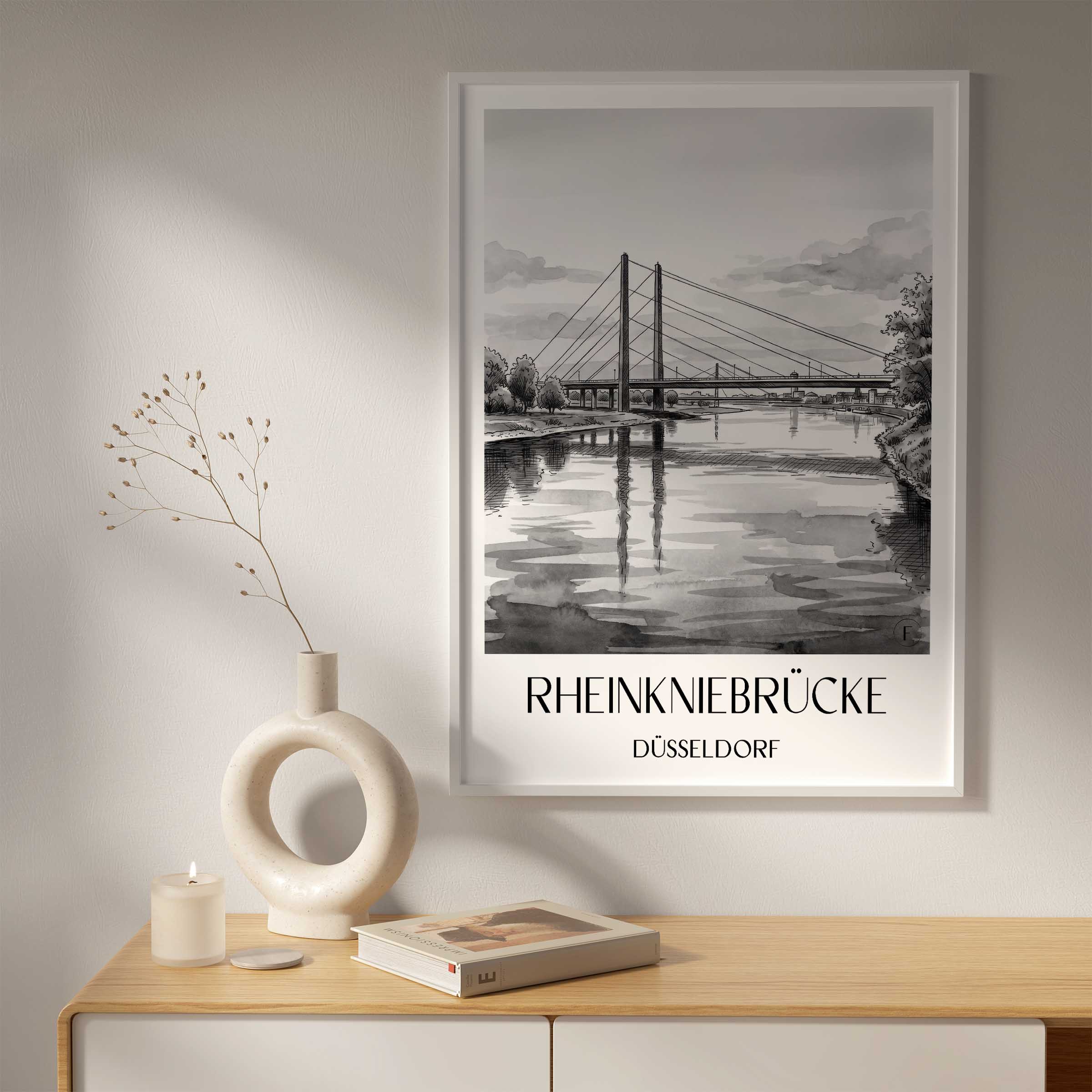 rheinkniebrücke-düsseldorf-deutschland-poster-aquarell-schwarz-weiss