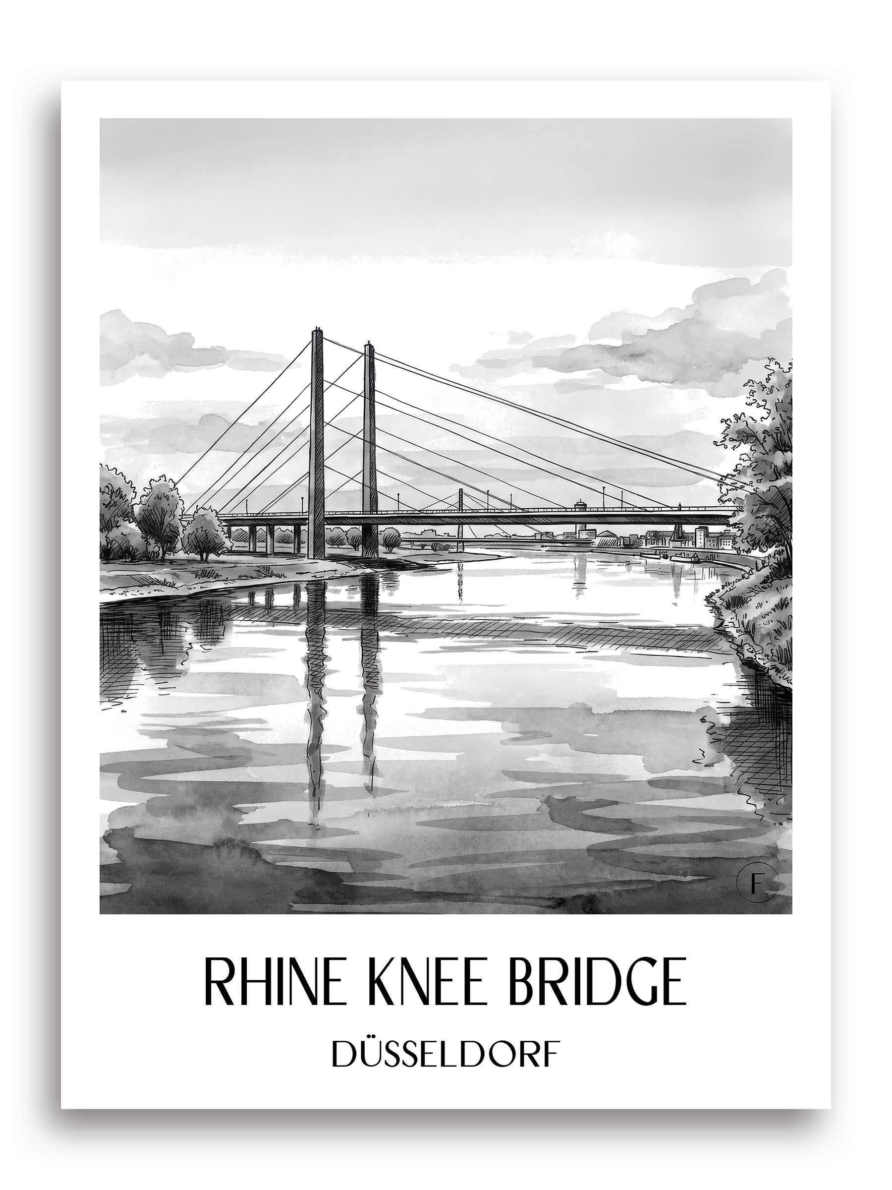 Rheinkniebrücke Poster - Düsseldorf - Deutschland Kunstdruck - Aquarell Schwarz-Weiß von A4 bis A1