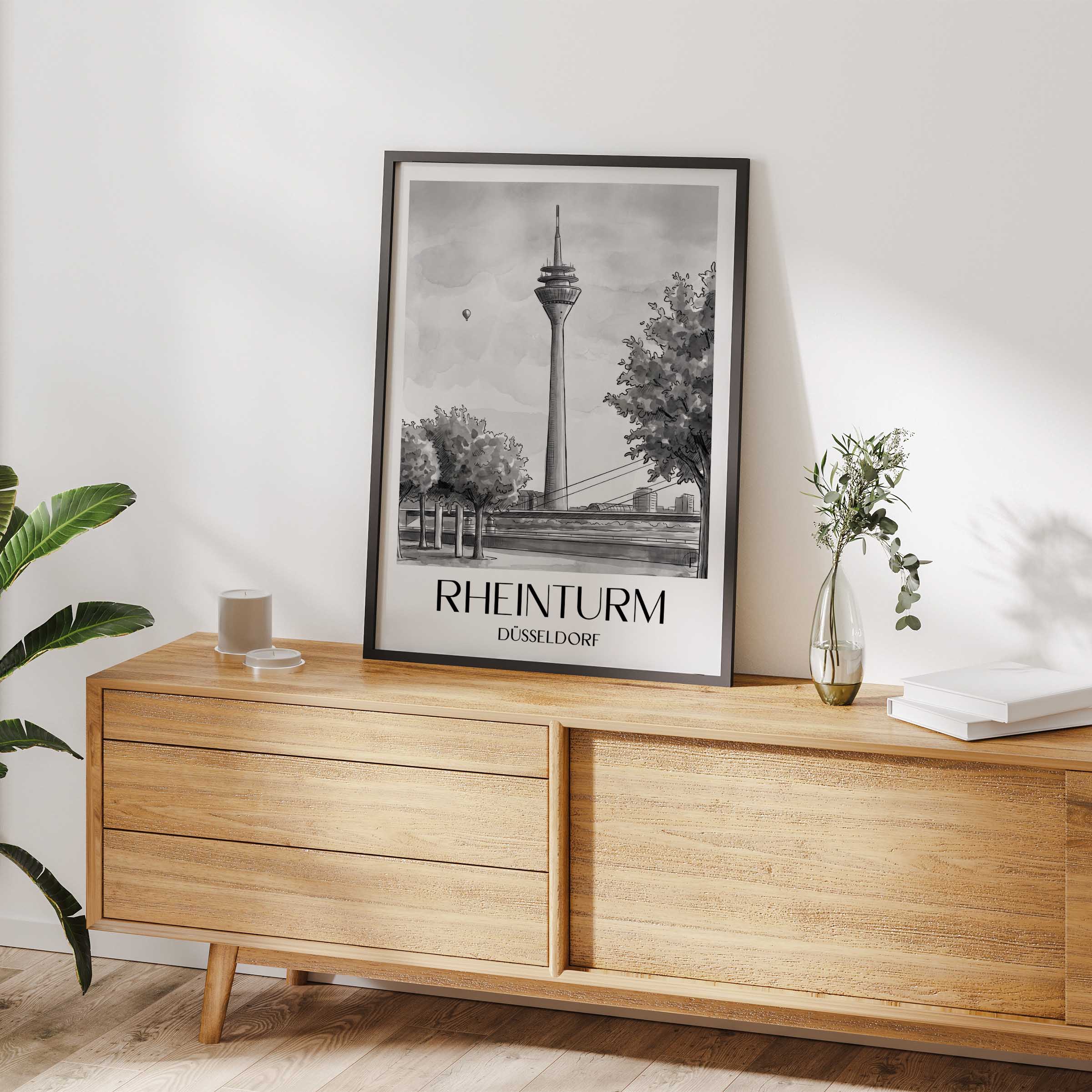 rheinturm-düsseldorf-deutschland-poster-aquarell-schwarz-weiss