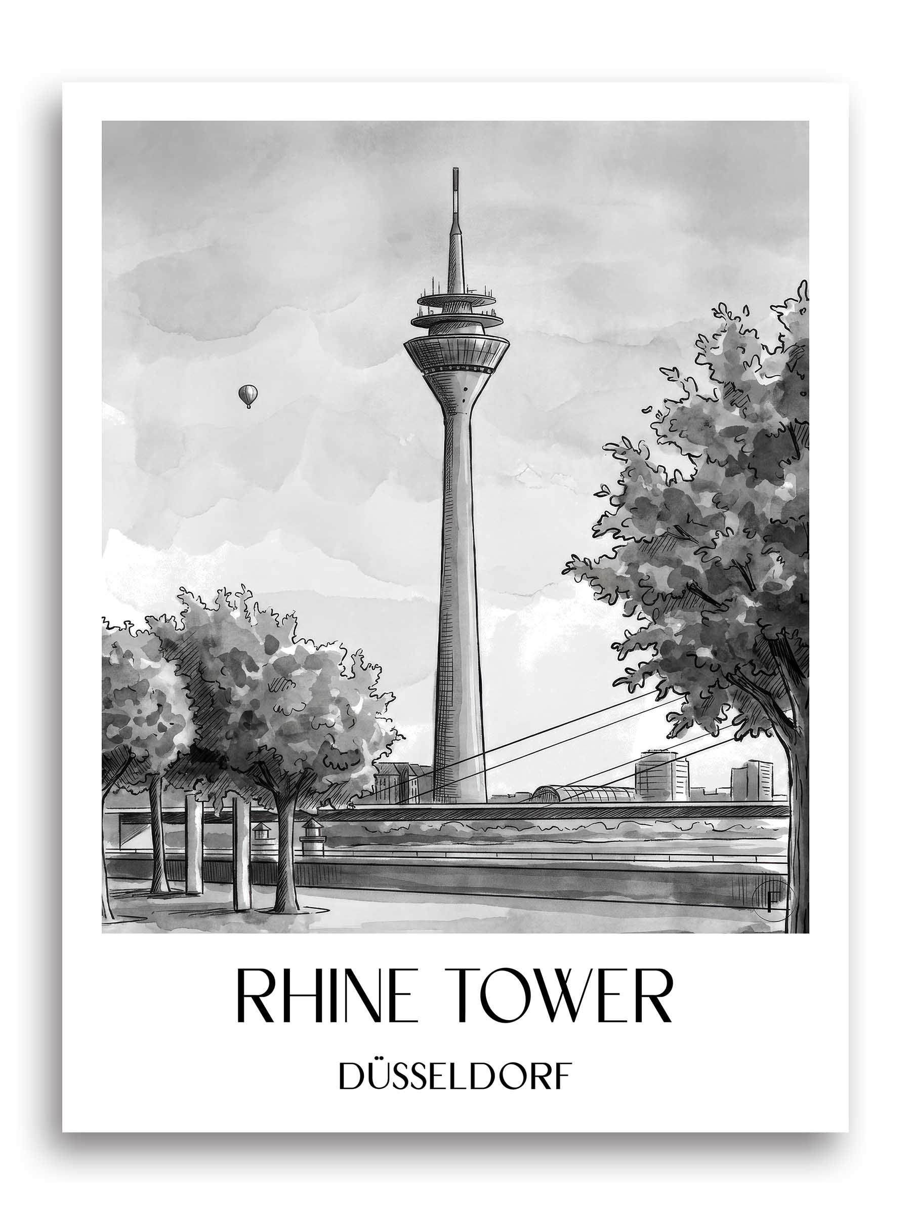 Rheinturm Poster - Düsseldorf - Deutschland Kunstdruck - Aquarell Schwarz-Weiß von A4 bis A1