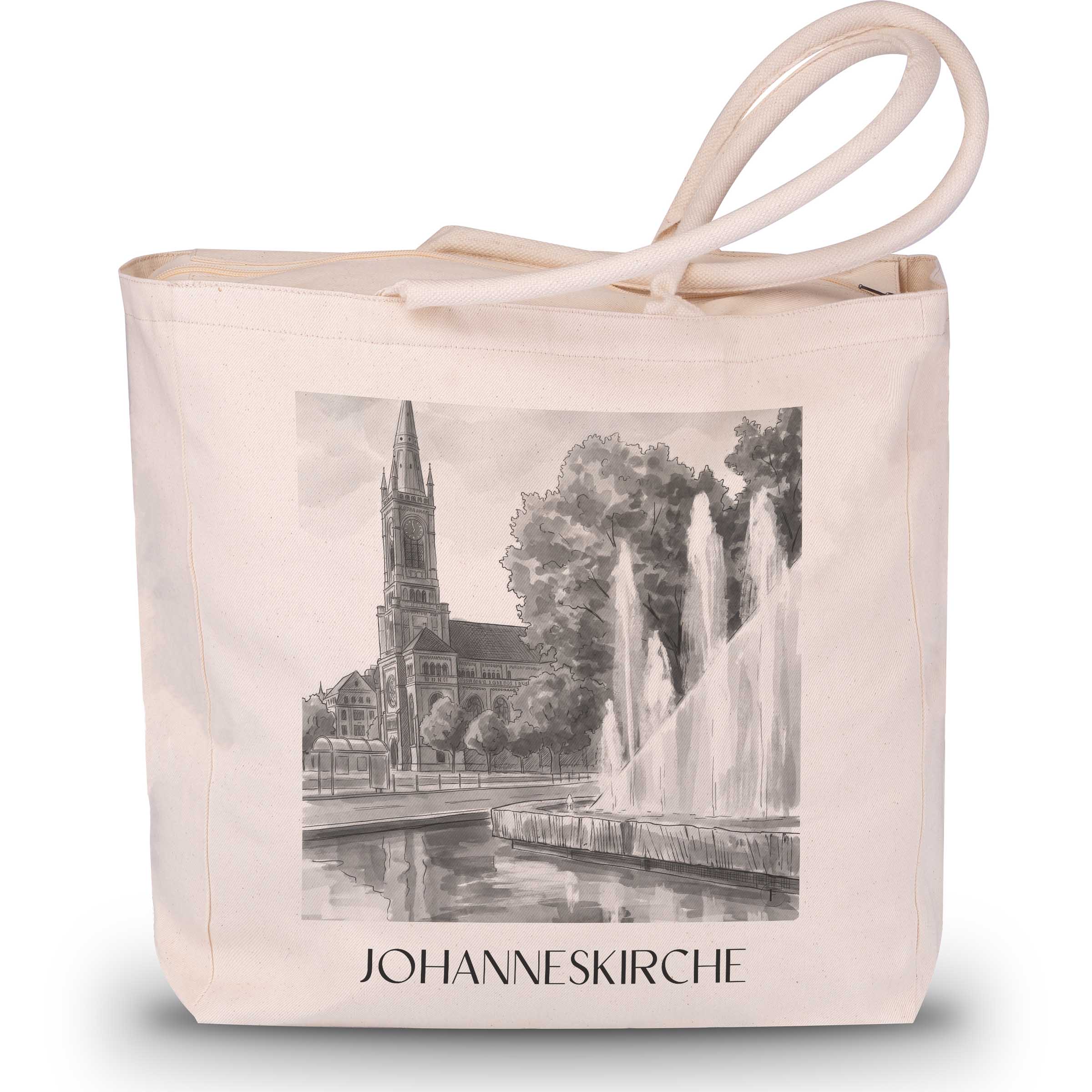 johanneskirche-düsseldorf-deutschland-einkaufstasche-aquarell-schwarz-weiss
