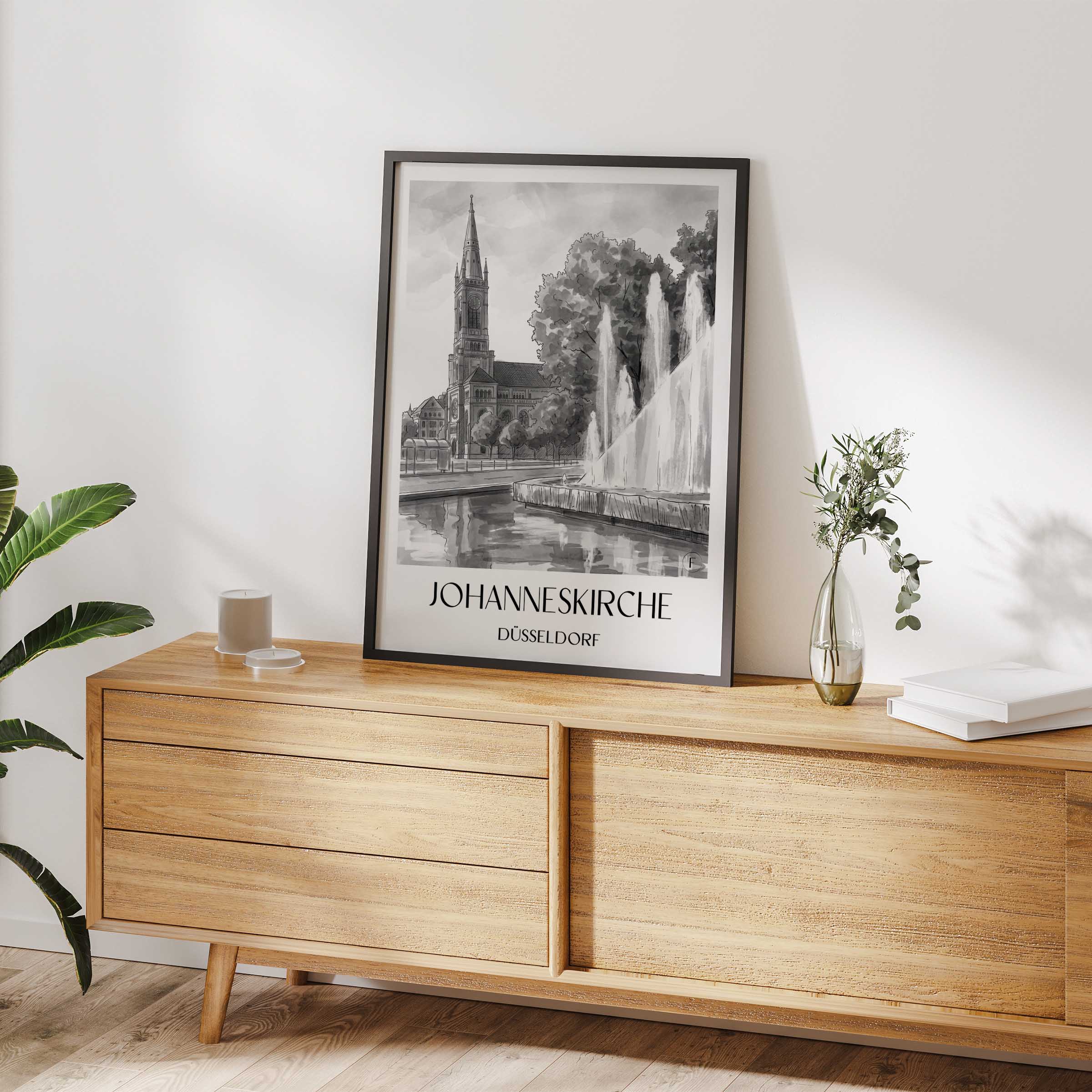 johanneskirche-düsseldorf-deutschland-poster-aquarell-schwarz-weiss