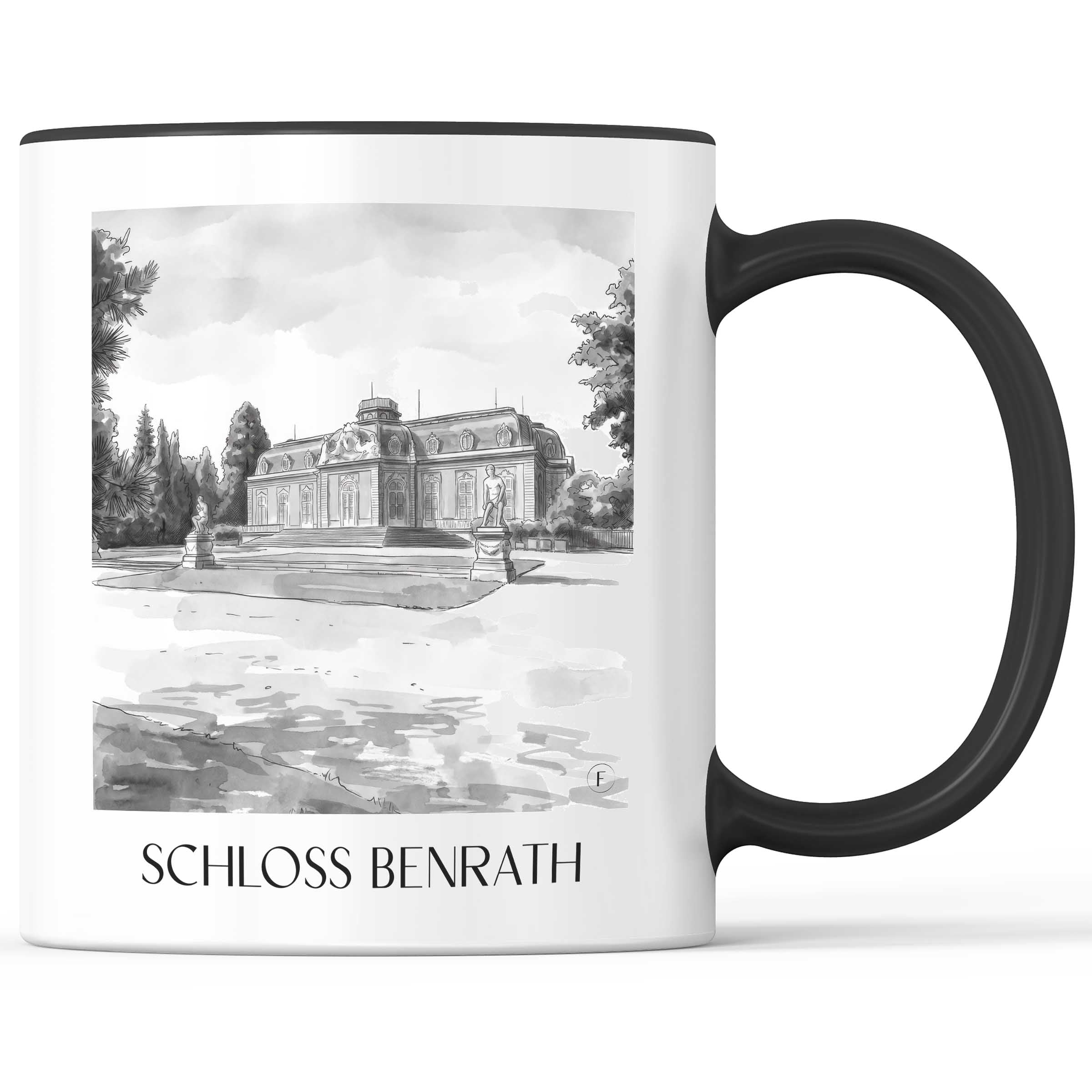 schloss-benrath-düsseldorf-deutschland-kaffeebecher-aquarell-schwarz-weiss