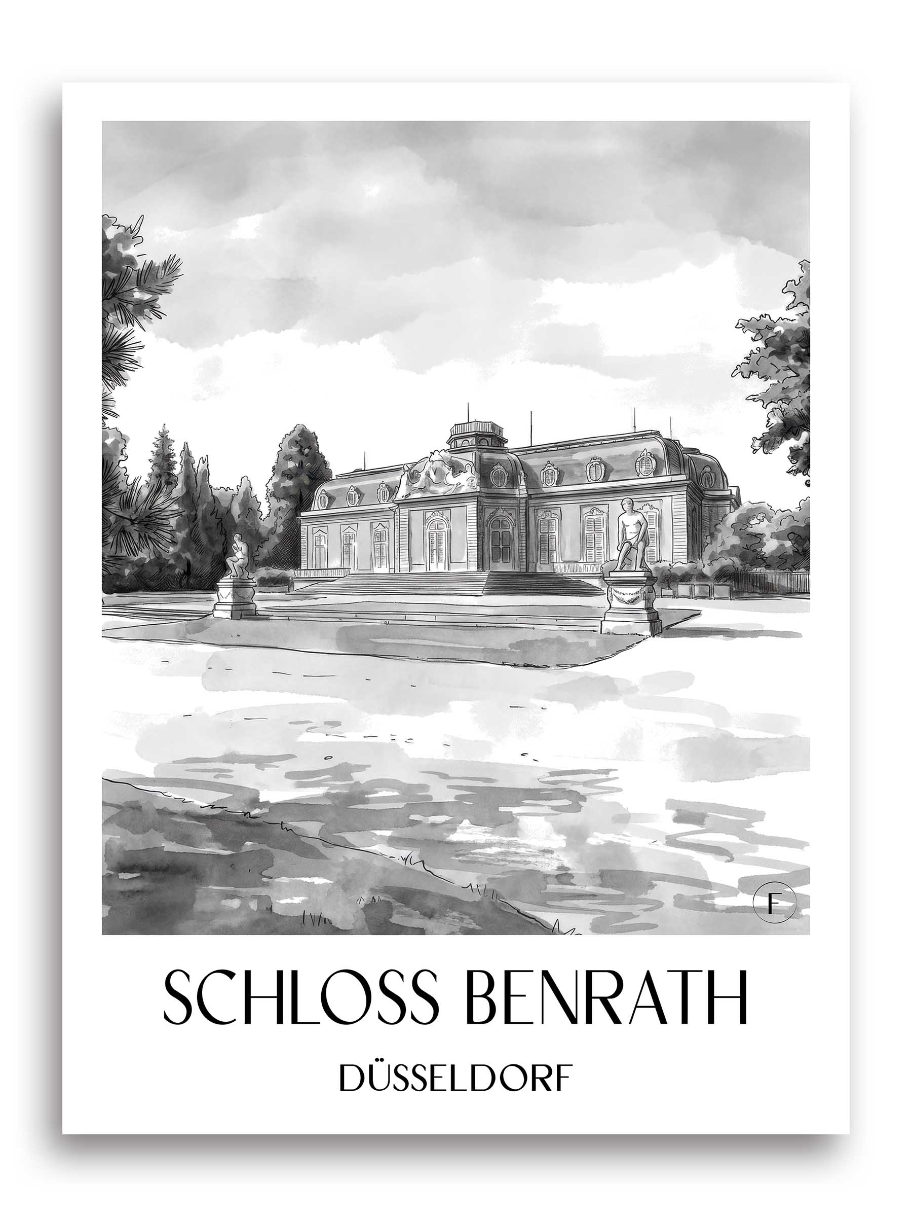 schloss-benrath-düsseldorf-deutschland-poster-aquarell-schwarz-weiss