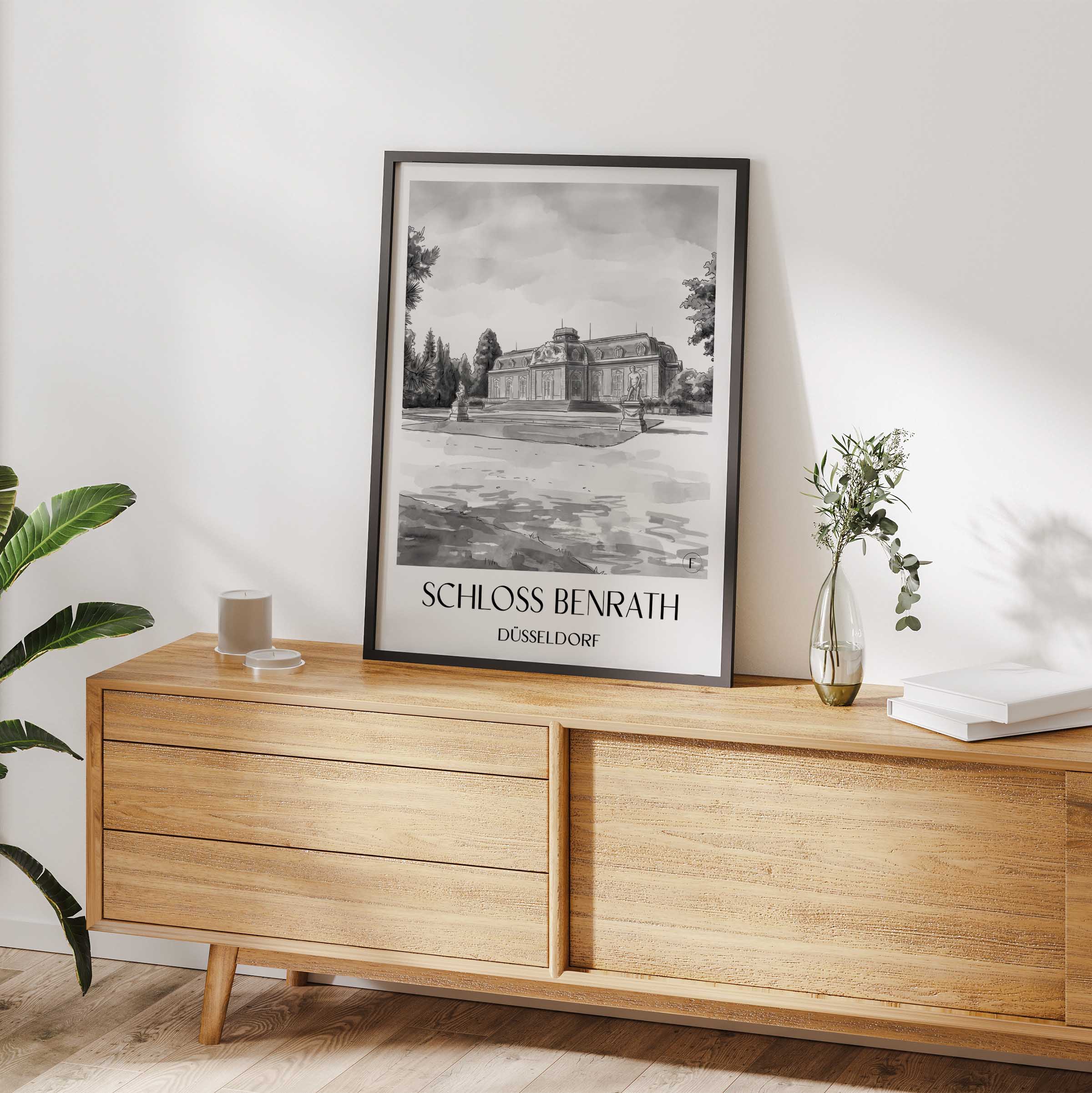 schloss-benrath-düsseldorf-deutschland-poster-aquarell-schwarz-weiss