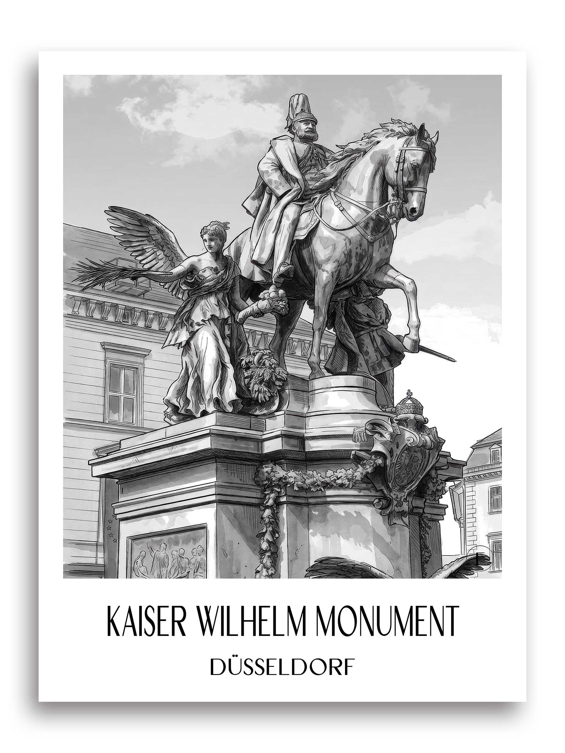 Kaiser-Wilhelm-Denkmal Poster - Düsseldorf - Deutschland Kunstdruck - Aquarell Schwarz-Weiß von A4 bis A1