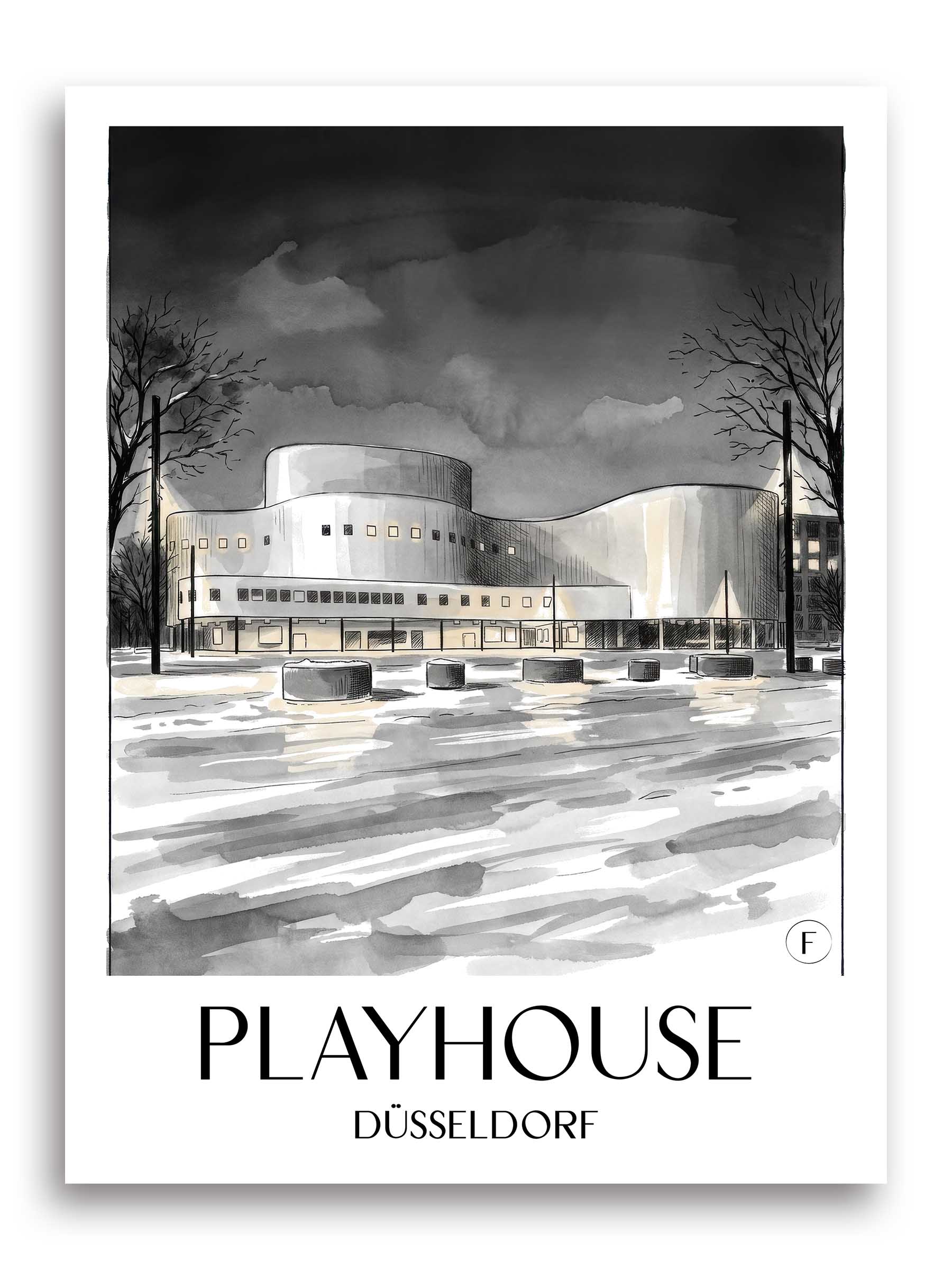 Schauspielhaus Poster - Düsseldorf - Deutschland Kunstdruck - Aquarell Schwarz-Weiß von A4 bis A1