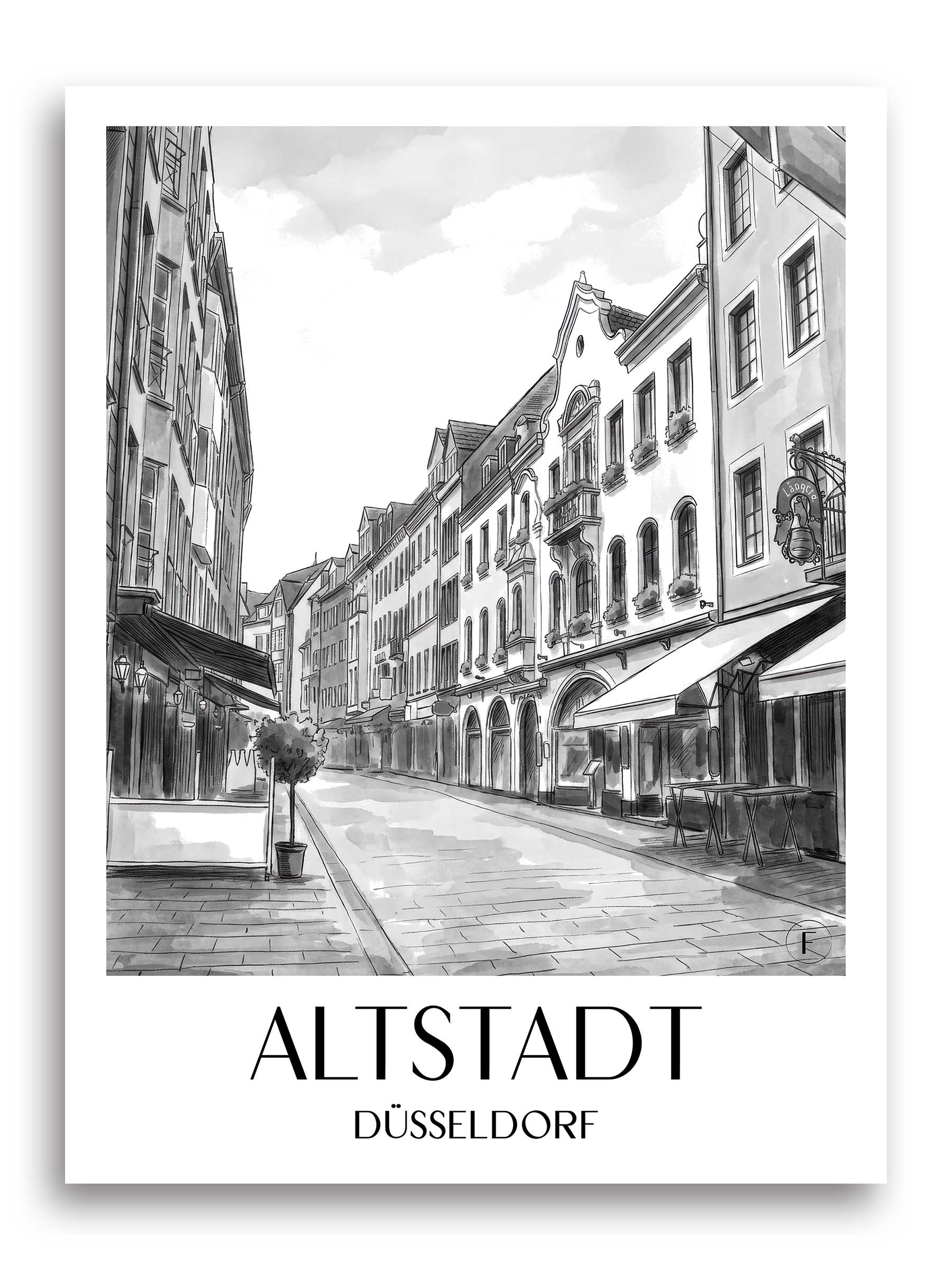 altstadt-düsseldorf-deutschland-poster-aquarell-schwarz-weiss