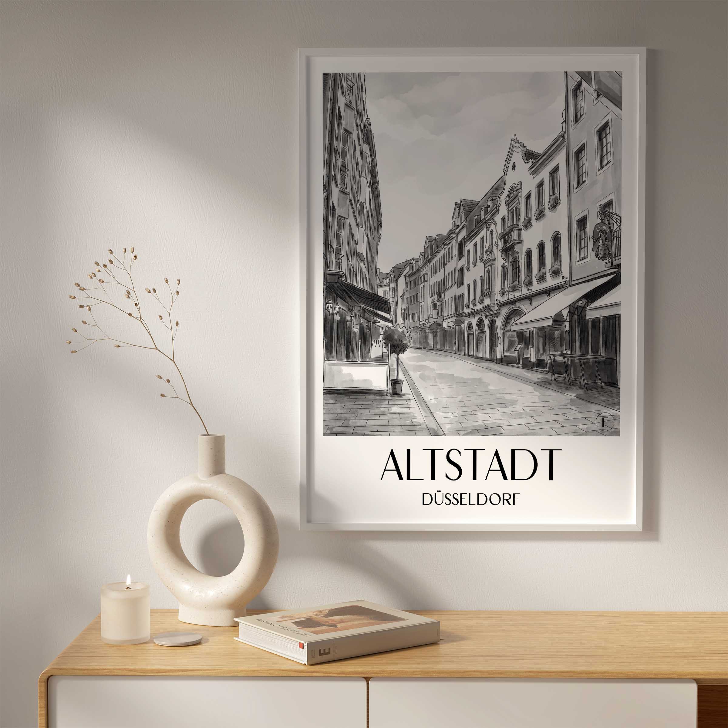 altstadt-düsseldorf-deutschland-poster-aquarell-schwarz-weiss