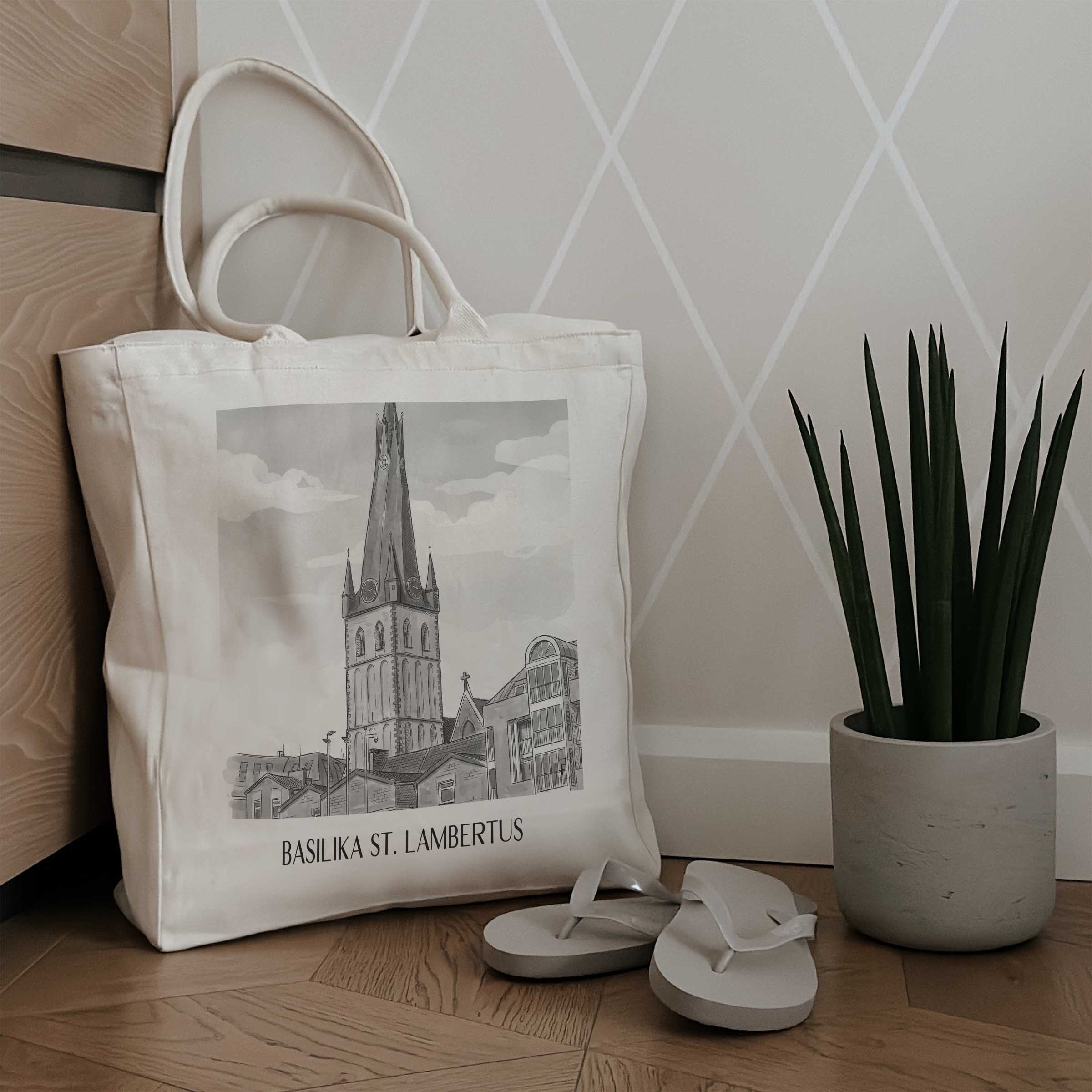 basilika-st.-lambertus-düsseldorf-deutschland-einkaufstasche-aquarell-schwarz-weiss