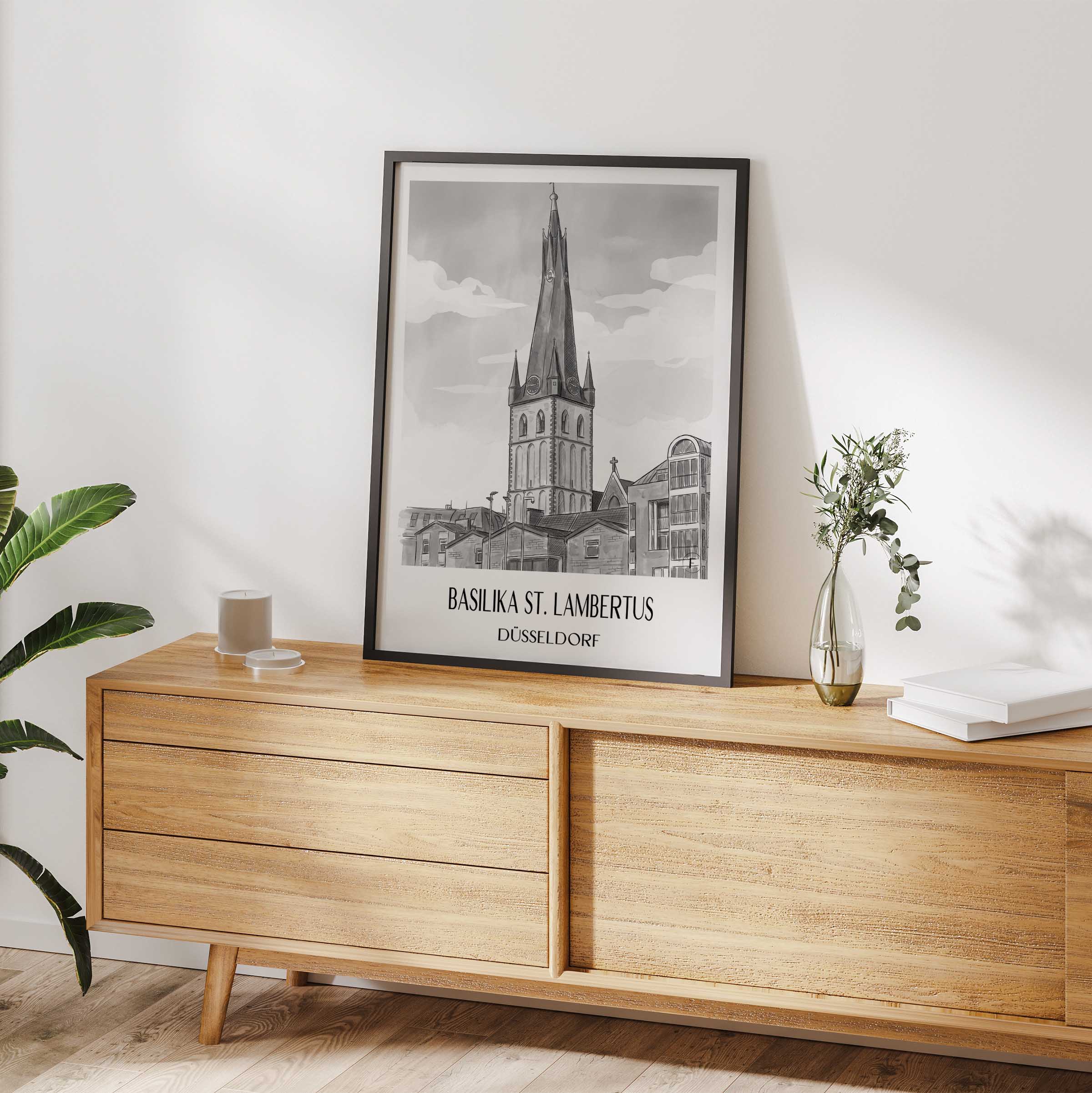 basilika-st.-lambertus-düsseldorf-deutschland-poster-aquarell-schwarz-weiss
