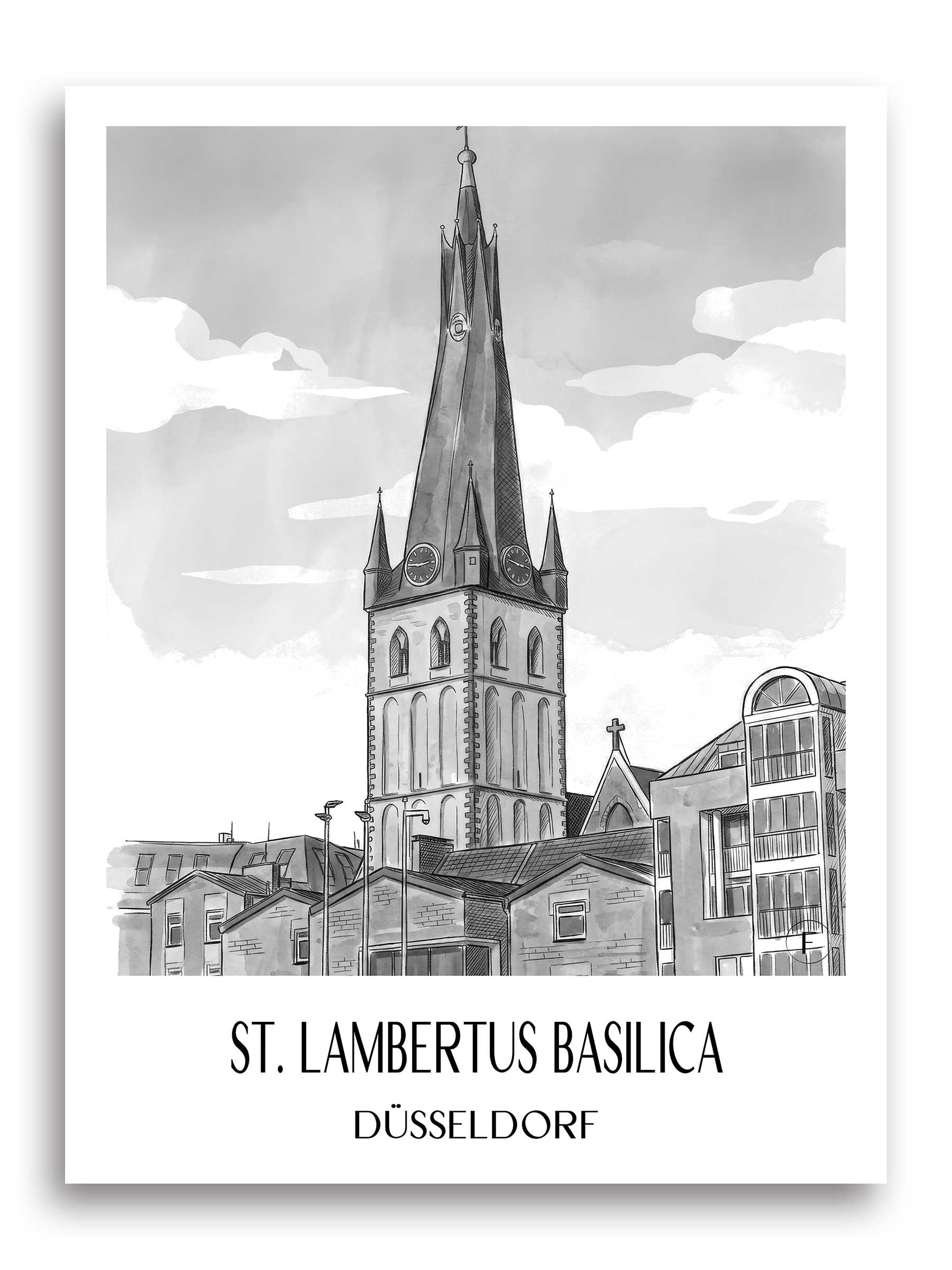 Basilika St. Lambertus Poster - Düsseldorf - Deutschland Kunstdruck - Aquarell Schwarz-Weiß von A4 bis A1