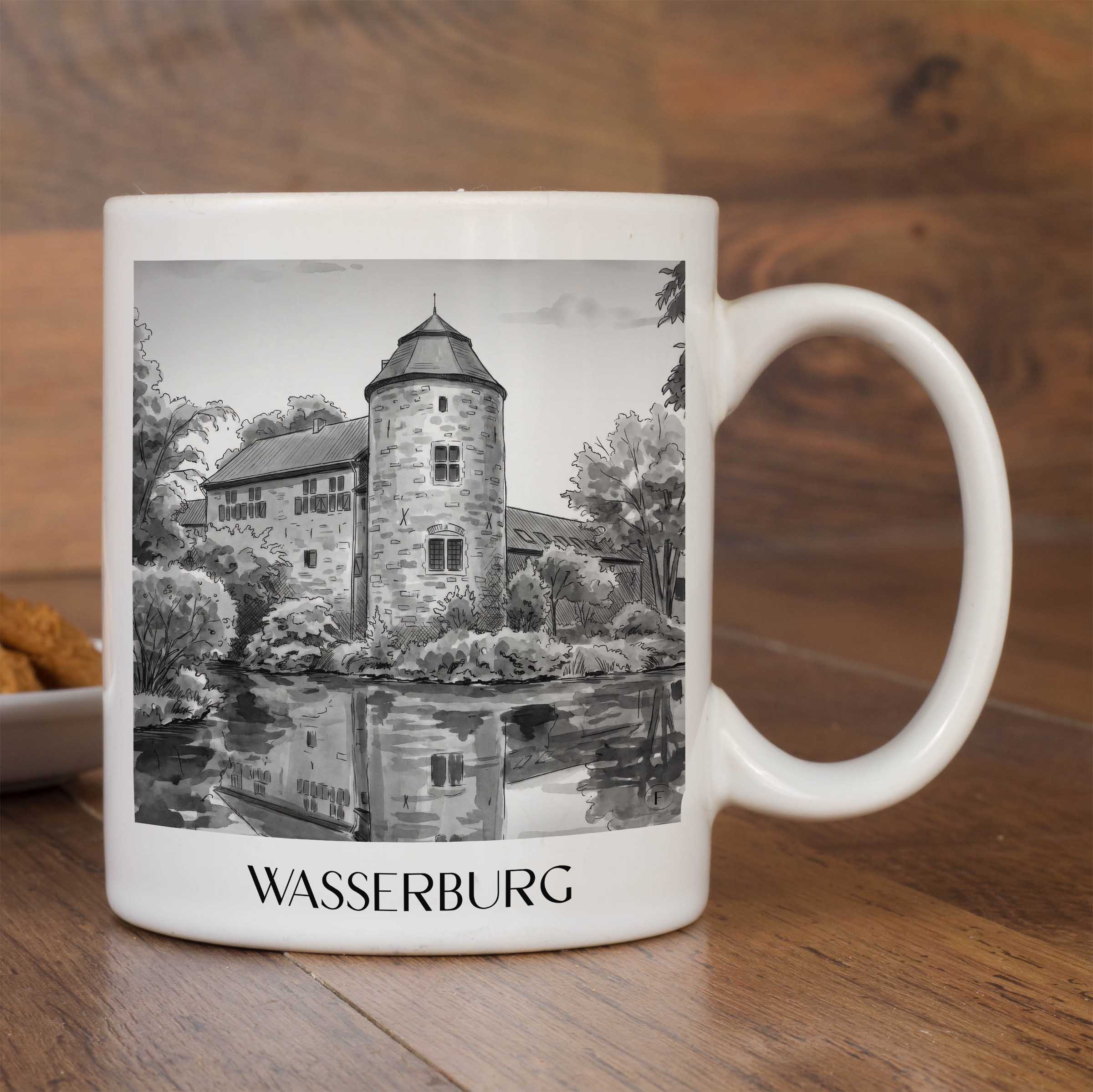 wasserburg--ratingen-deutschland-kaffeebecher-aquarell-schwarz-weiss