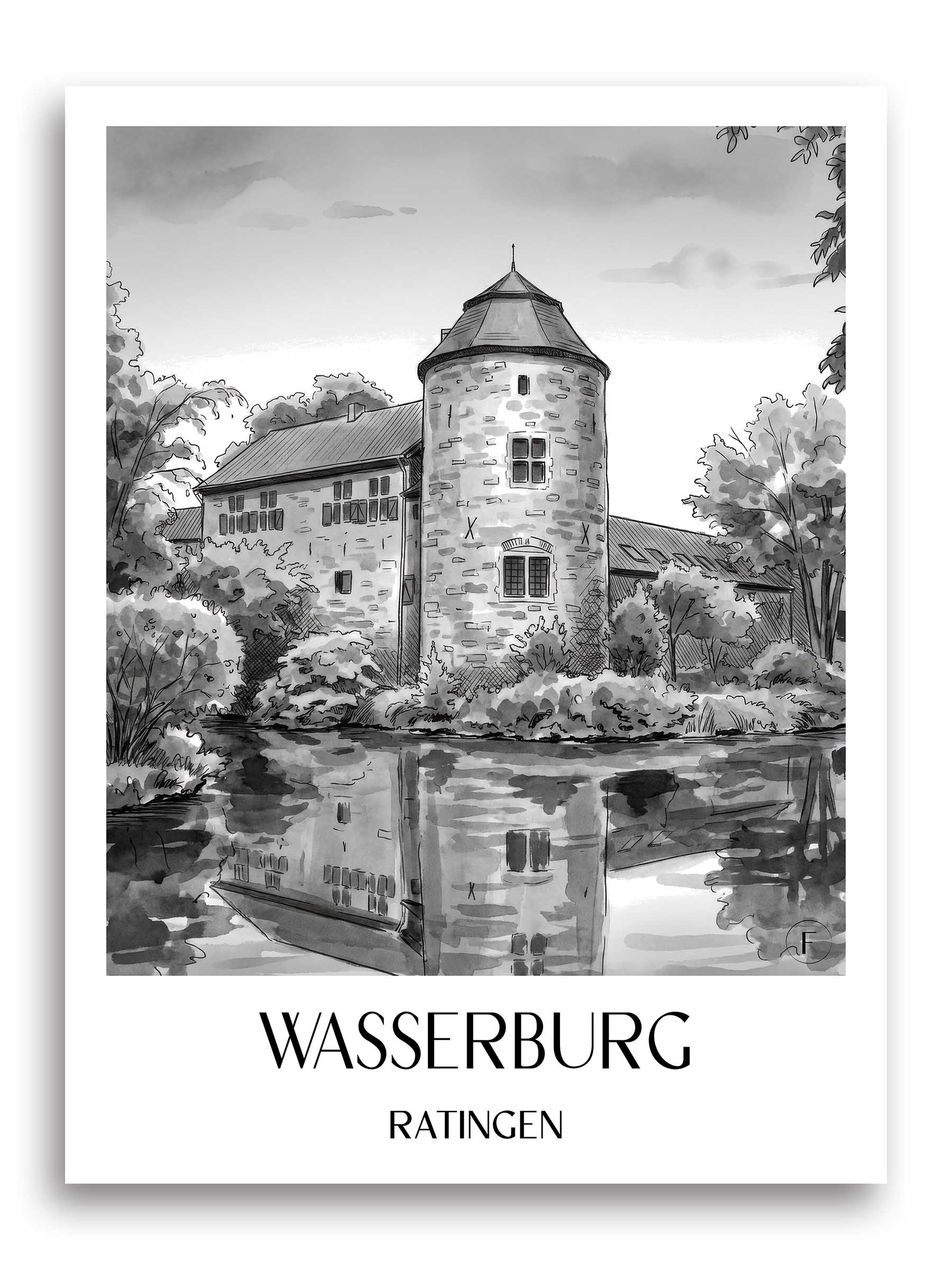 wasserburg--ratingen-deutschland-poster-aquarell-schwarz-weiss