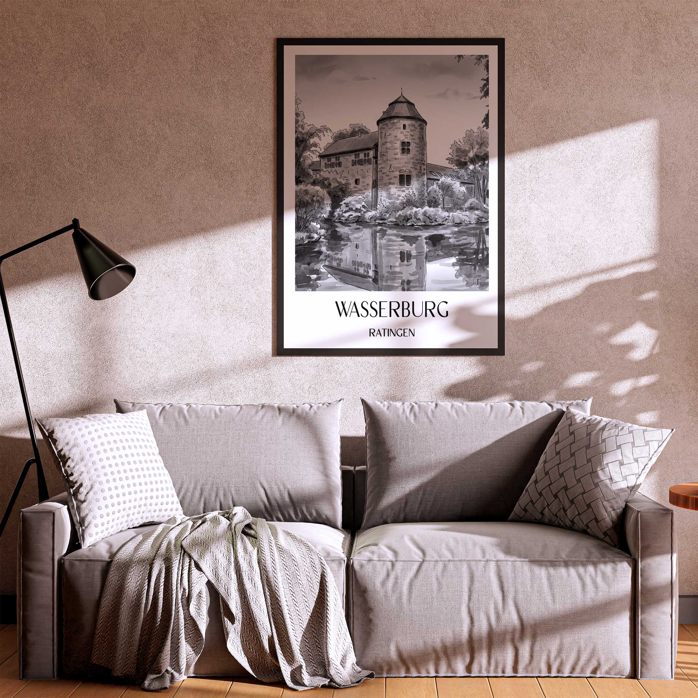 wasserburg--ratingen-deutschland-poster-aquarell-schwarz-weiss