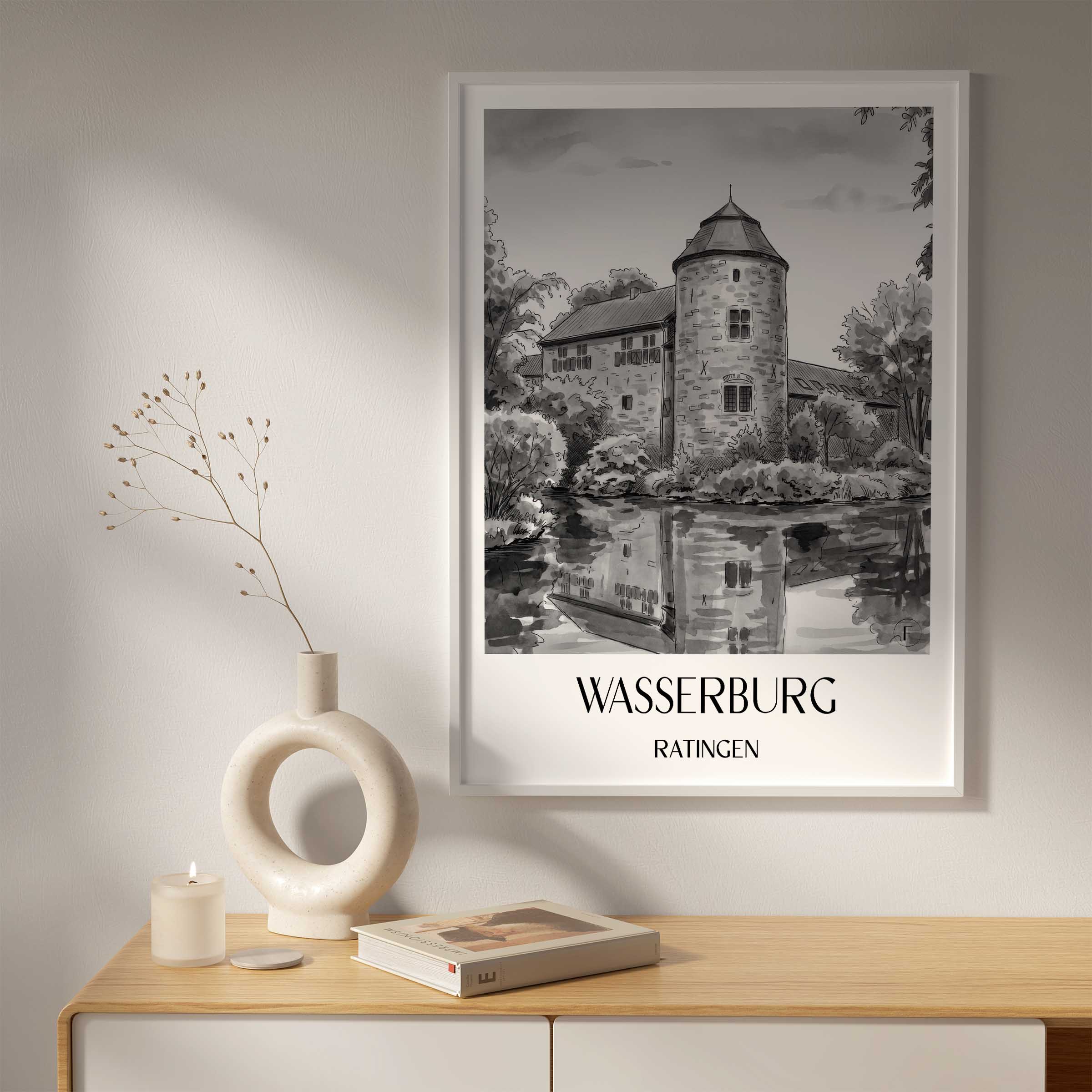 wasserburg--ratingen-deutschland-poster-aquarell-schwarz-weiss