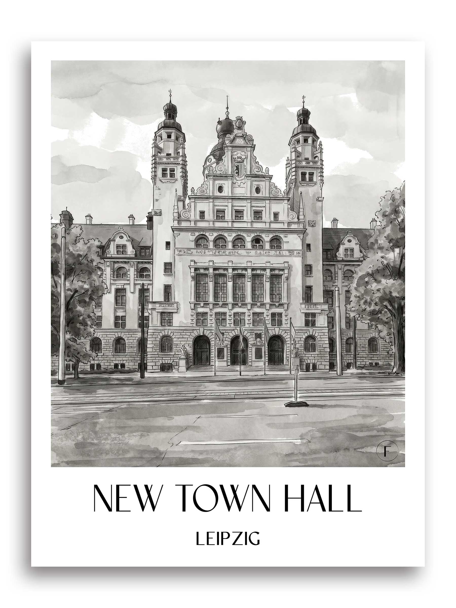 Neues Rathaus Poster - Leipzig - Deutschland Kunstdruck - Aquarell Schwarz-Weiß von A4 bis A1