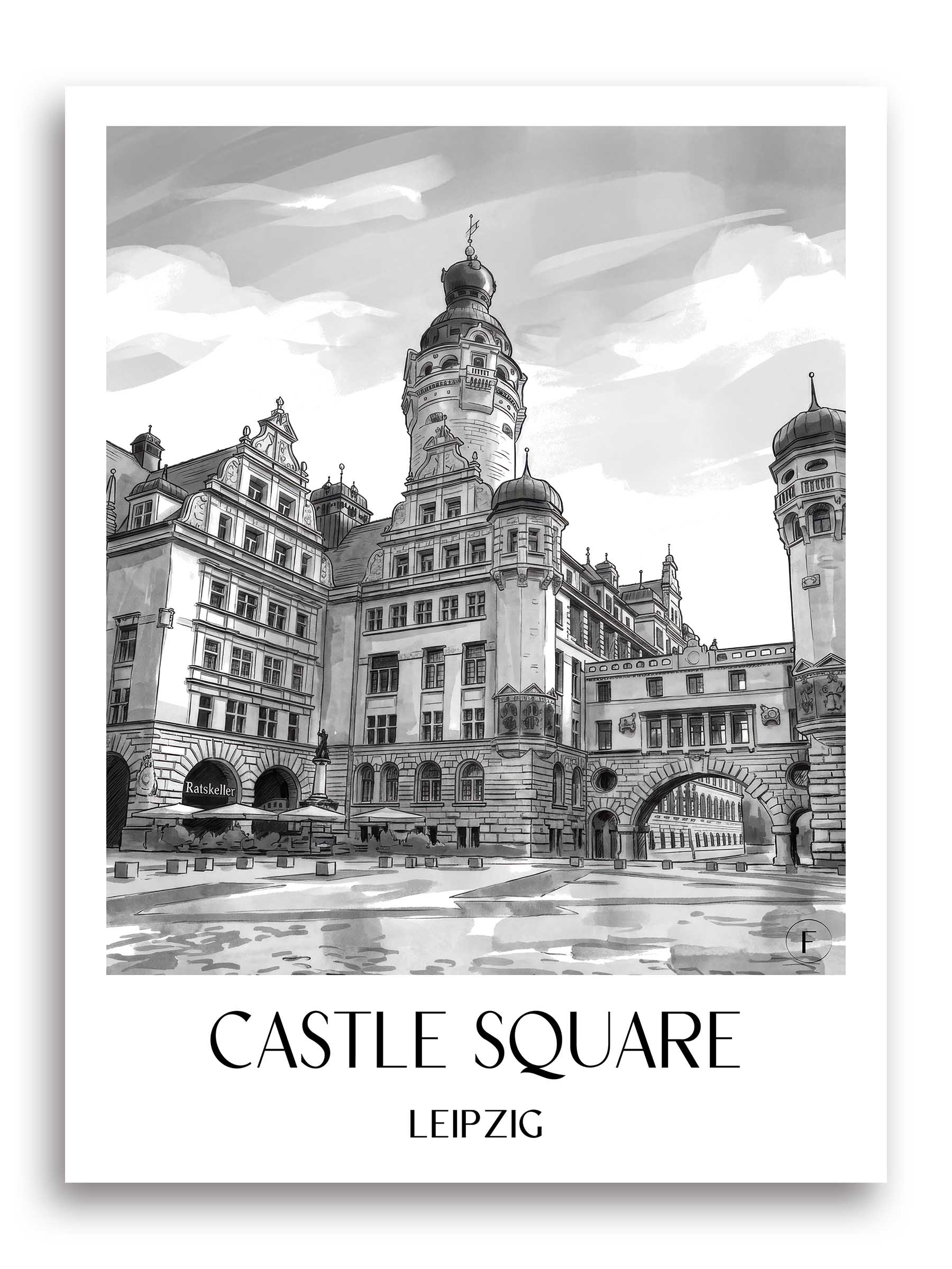 Burgplatz Poster - Leipzig - Deutschland Kunstdruck - Aquarell Schwarz-Weiß von A4 bis A1