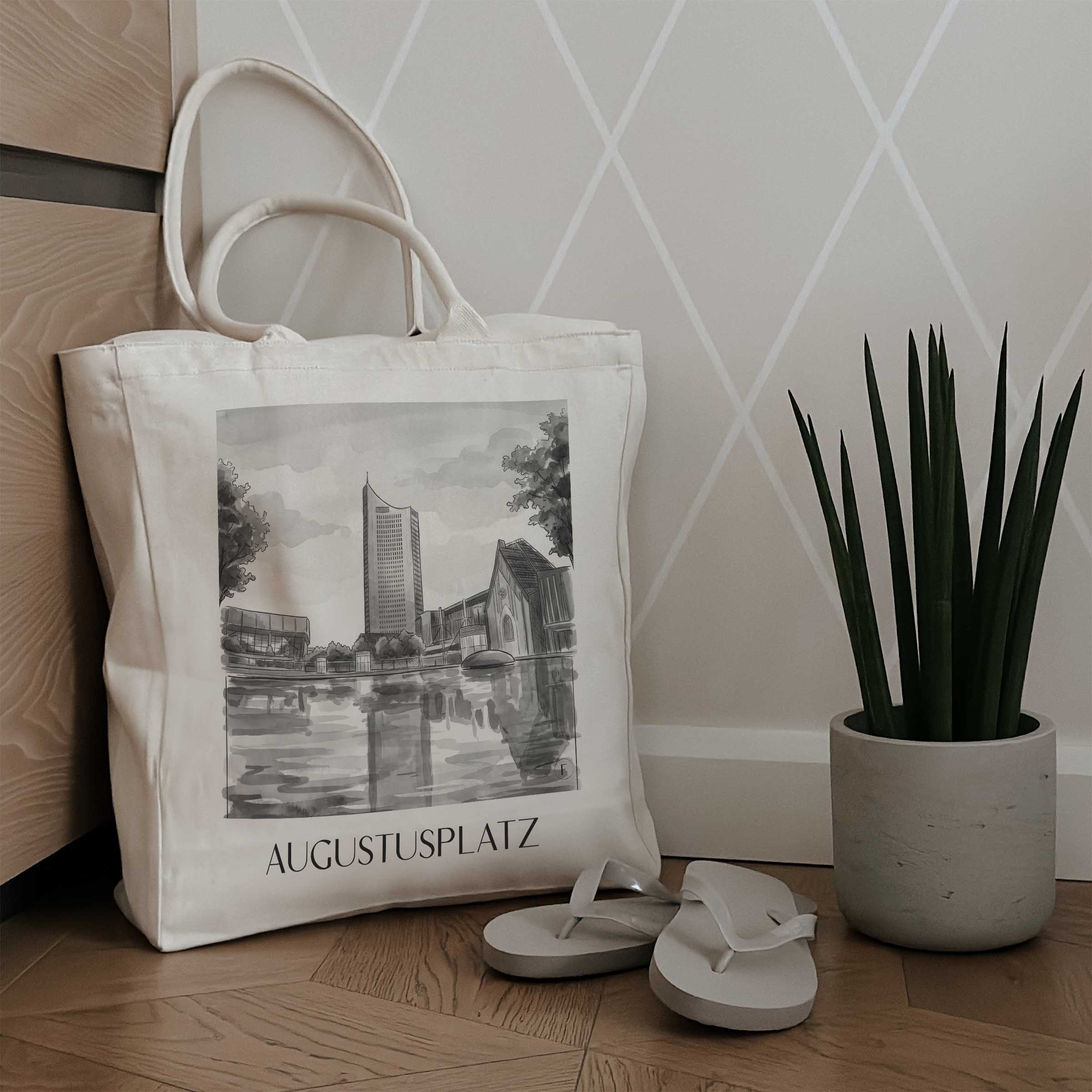 augustusplatz-leipzig-deutschland-einkaufstasche-aquarell-schwarz-weiss