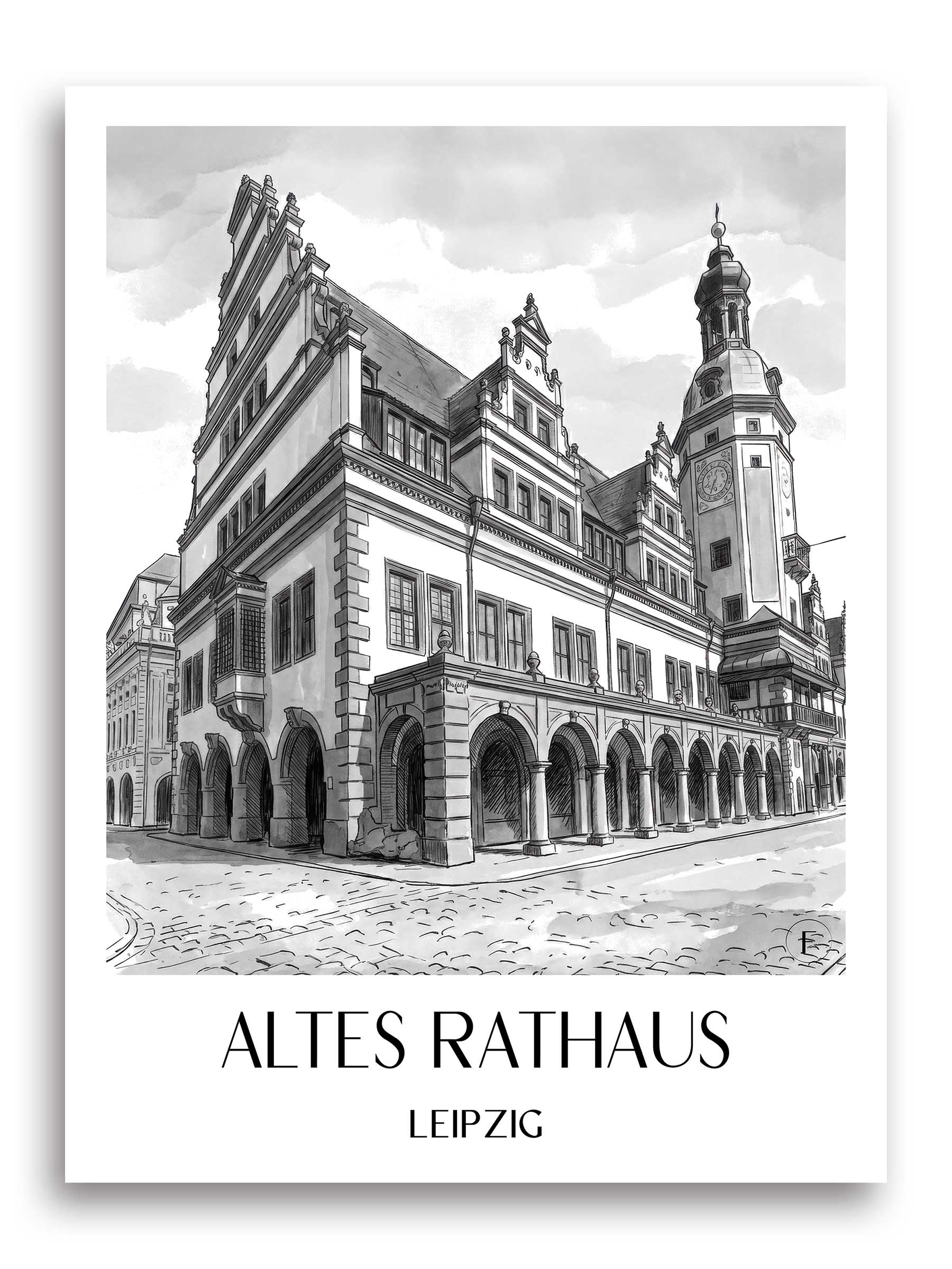 altes-rathaus-leipzig-deutschland-poster-aquarell-schwarz-weiss